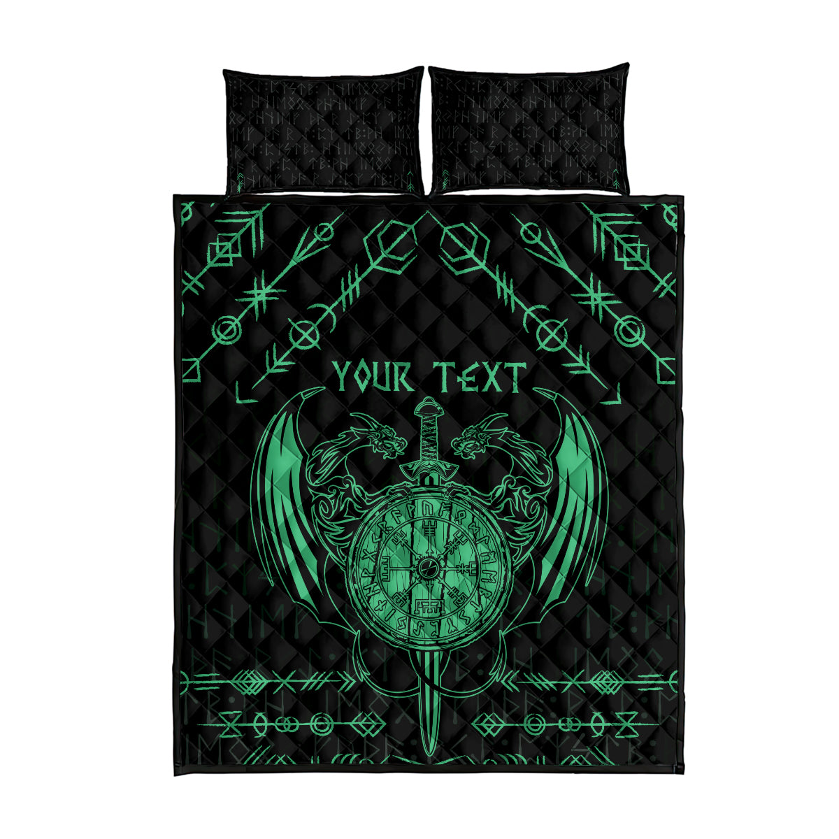 Personalized Viking Dragon Quilt Bed Set with Sword Green Scandinavian Tattoo - Wonder Print Shop