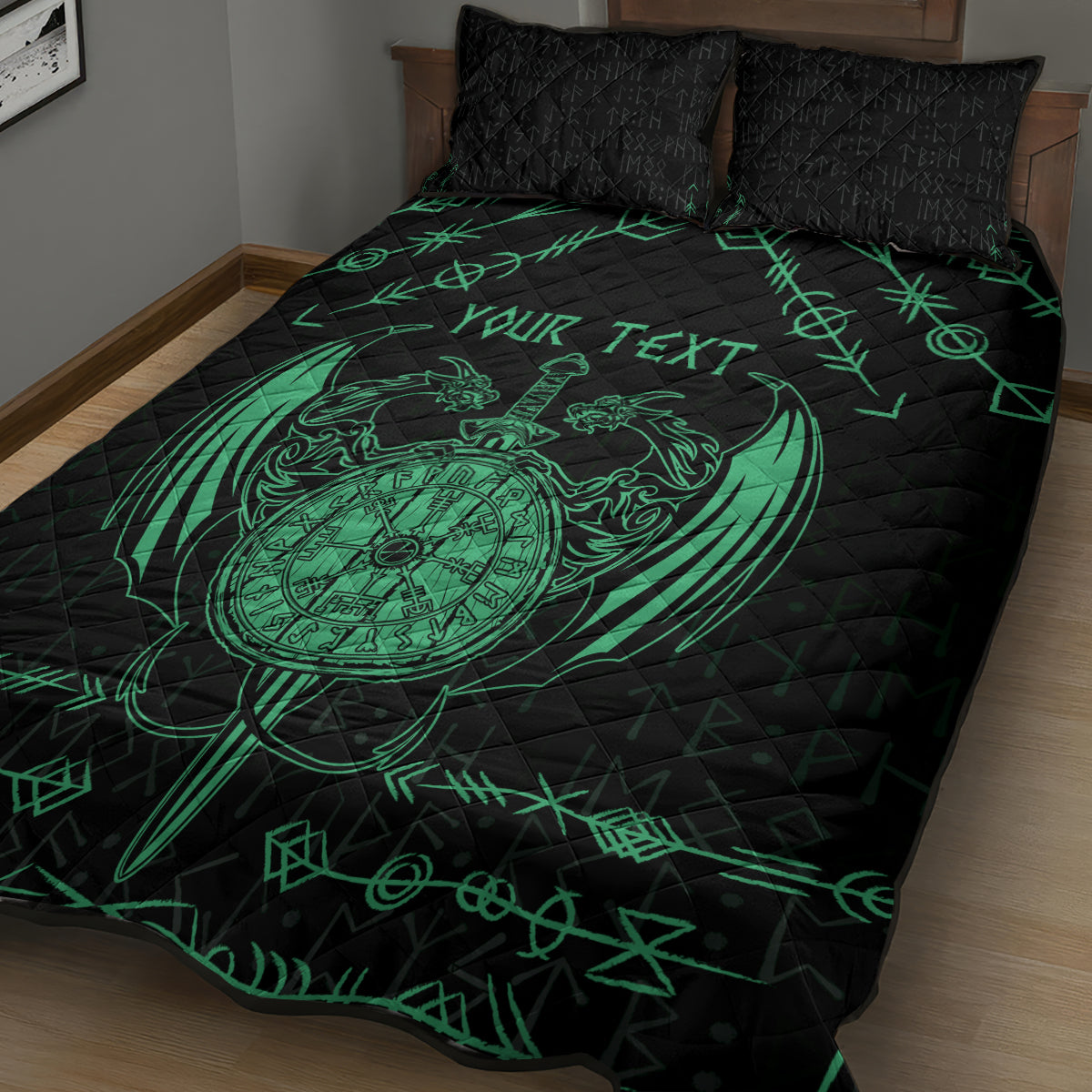Personalized Viking Dragon Quilt Bed Set with Sword Green Scandinavian Tattoo - Wonder Print Shop