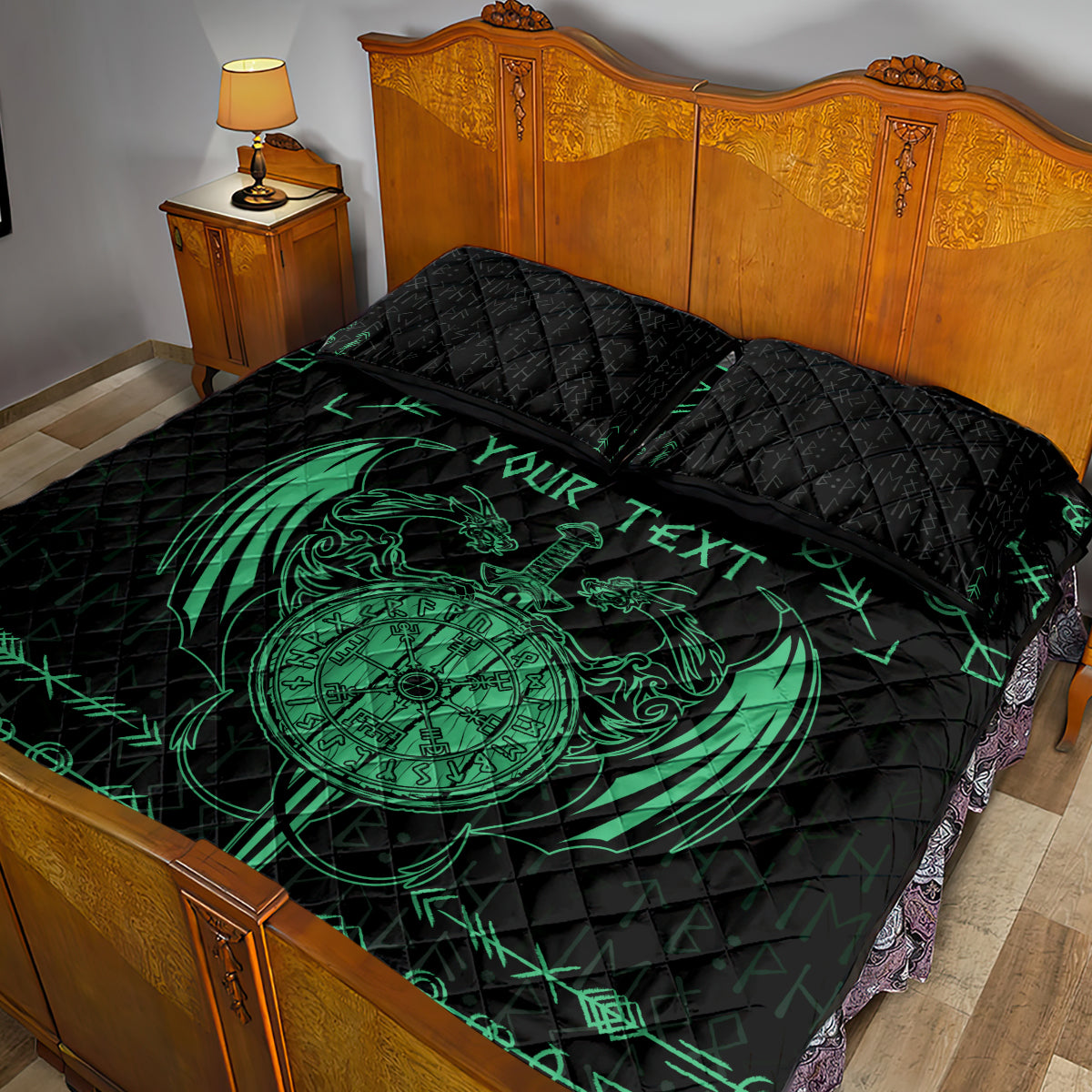 Personalized Viking Dragon Quilt Bed Set with Sword Green Scandinavian Tattoo - Wonder Print Shop