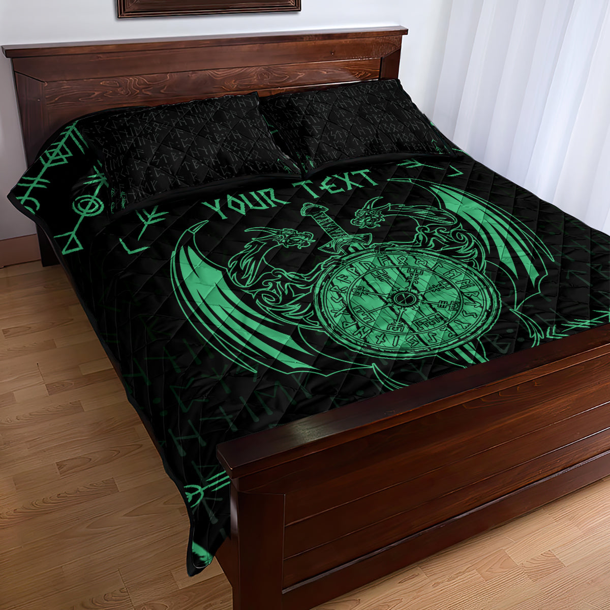 Personalized Viking Dragon Quilt Bed Set with Sword Green Scandinavian Tattoo - Wonder Print Shop