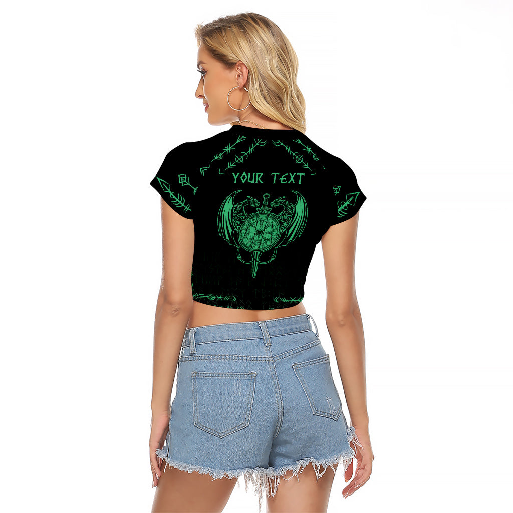 Personalized Viking Dragon Raglan Cropped T Shirt with Sword Green Scandinavian Tattoo - Wonder Print Shop