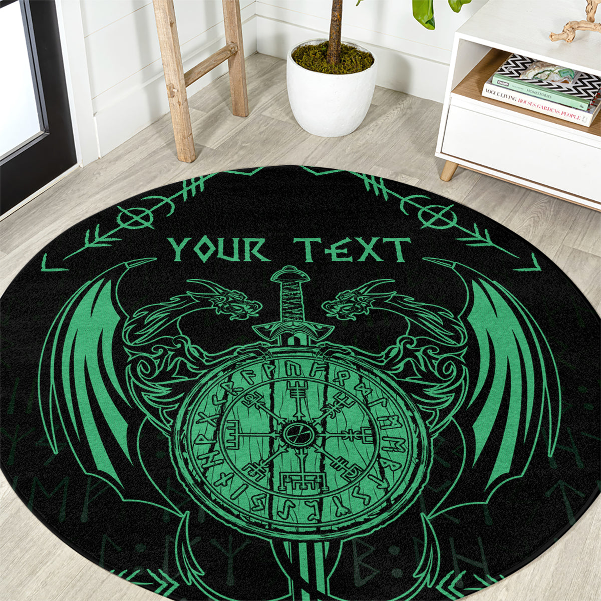 Personalized Viking Dragon Round Carpet with Sword Green Scandinavian Tattoo