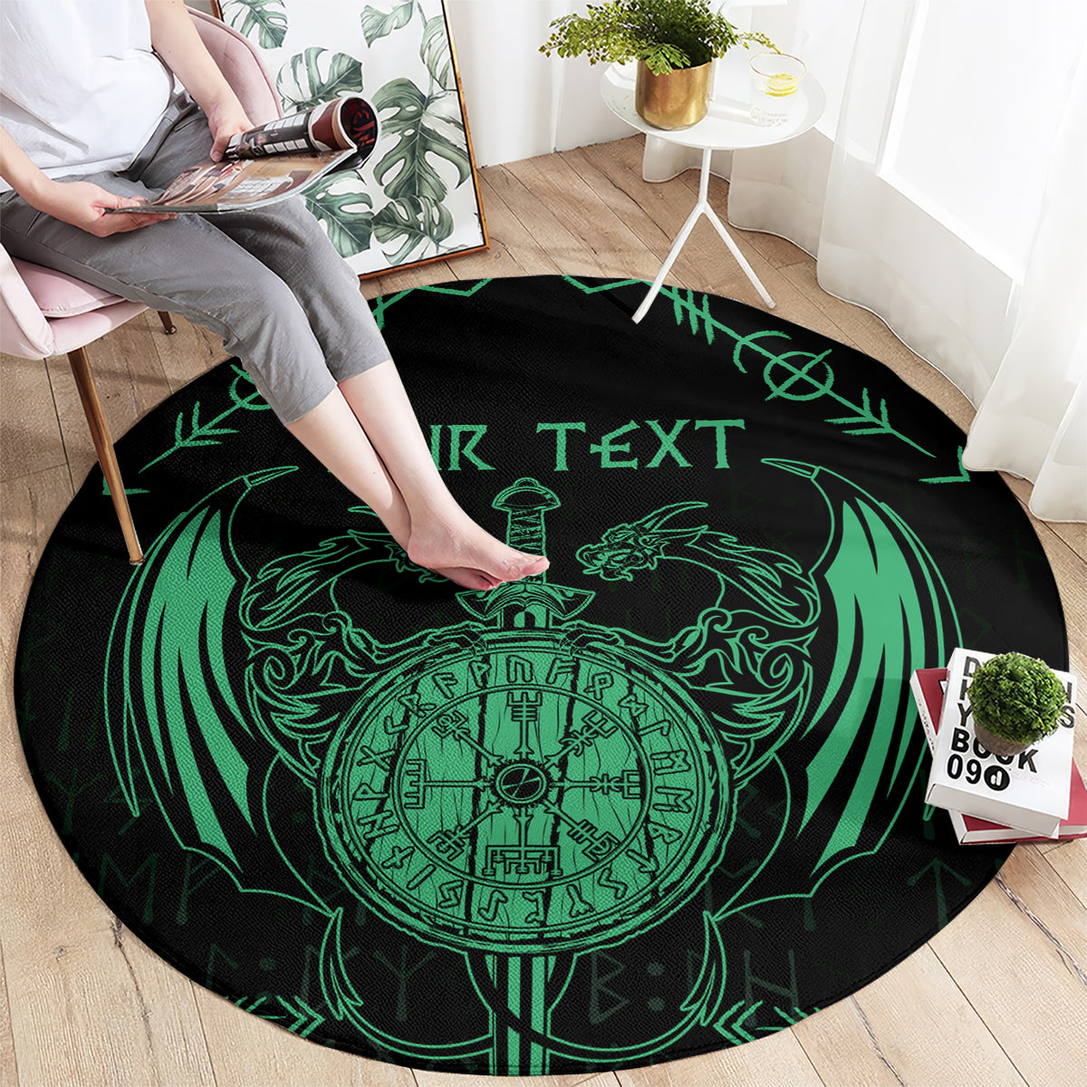 Personalized Viking Dragon Round Carpet with Sword Green Scandinavian Tattoo