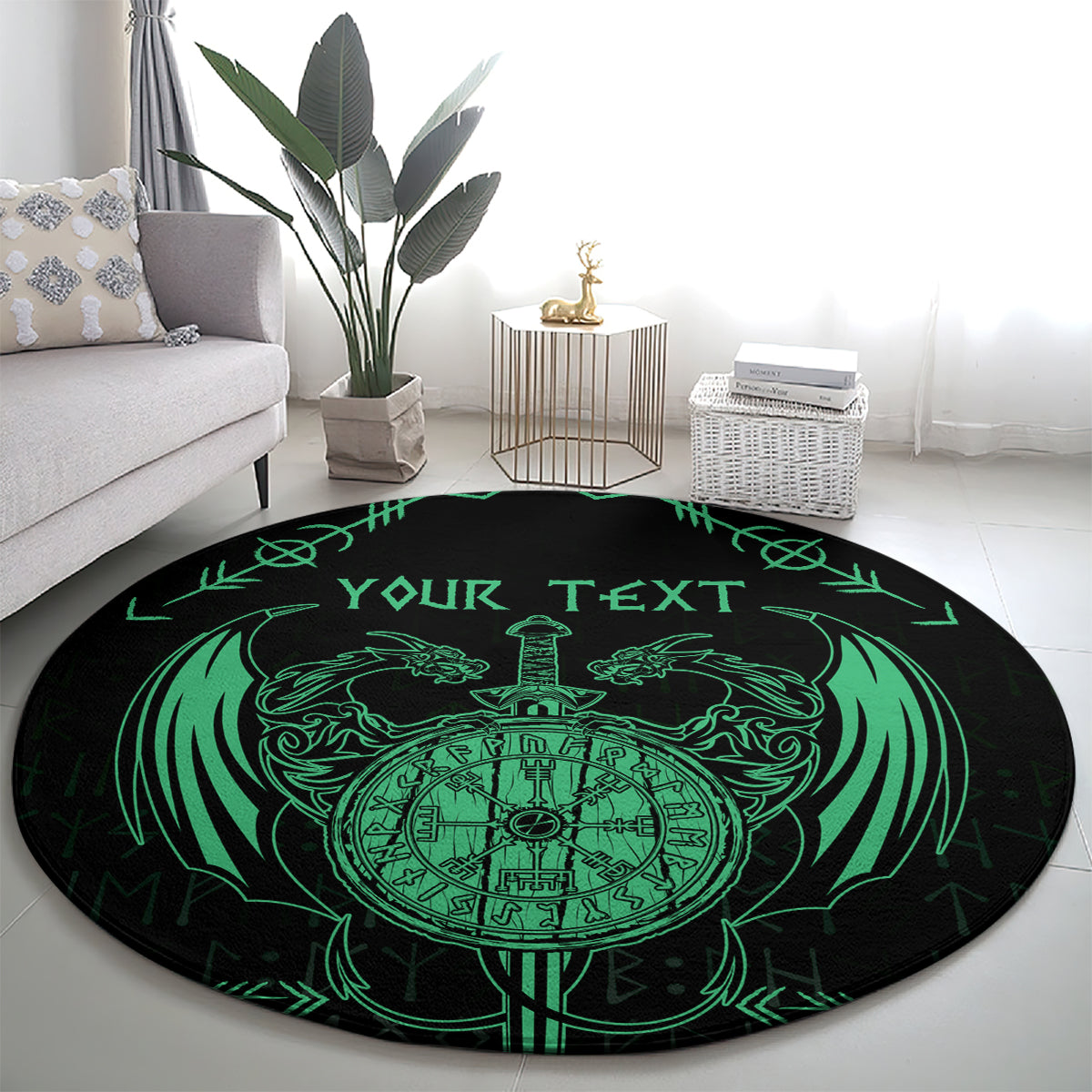 Personalized Viking Dragon Round Carpet with Sword Green Scandinavian Tattoo