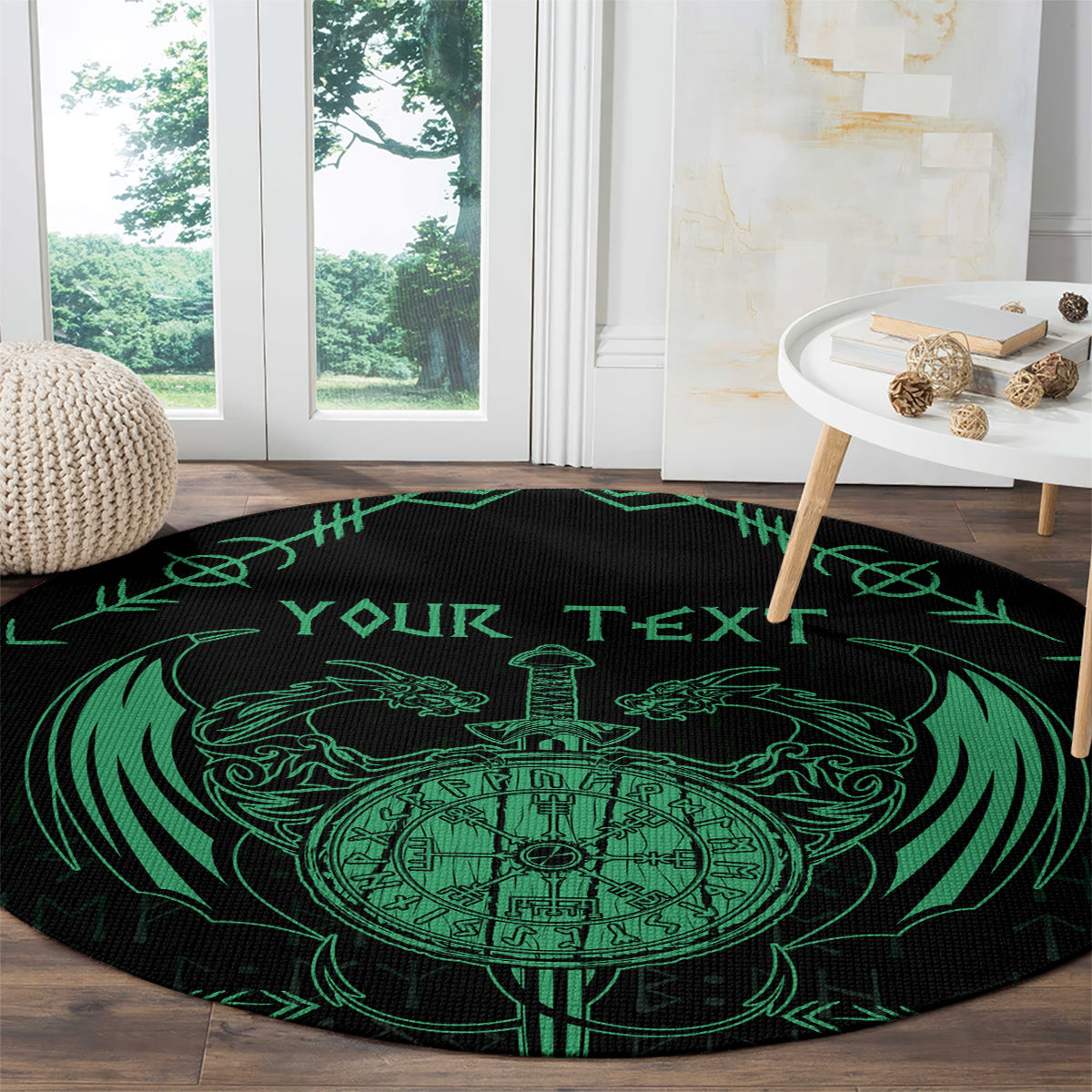 Personalized Viking Dragon Round Carpet with Sword Green Scandinavian Tattoo