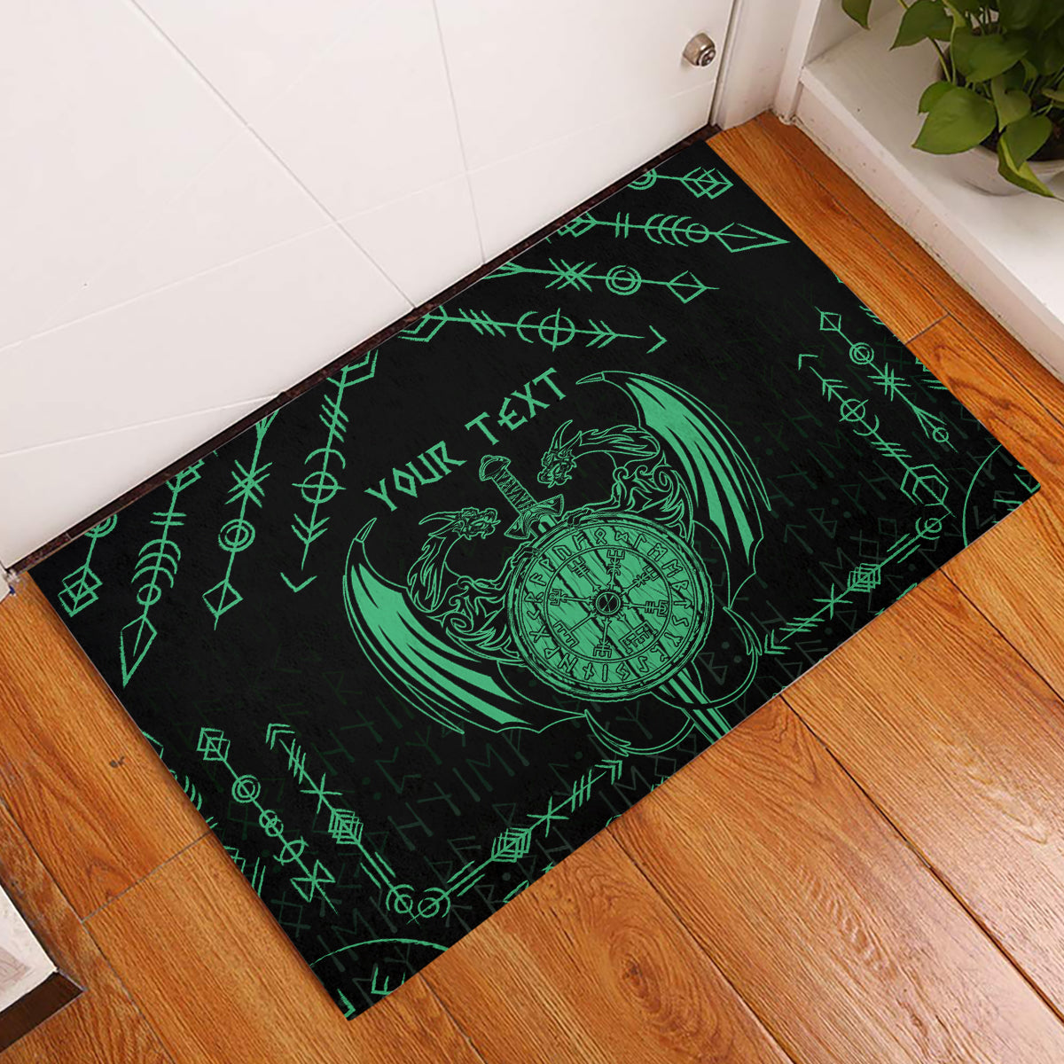 Personalized Viking Dragon Rubber Doormat with Sword Green Scandinavian Tattoo