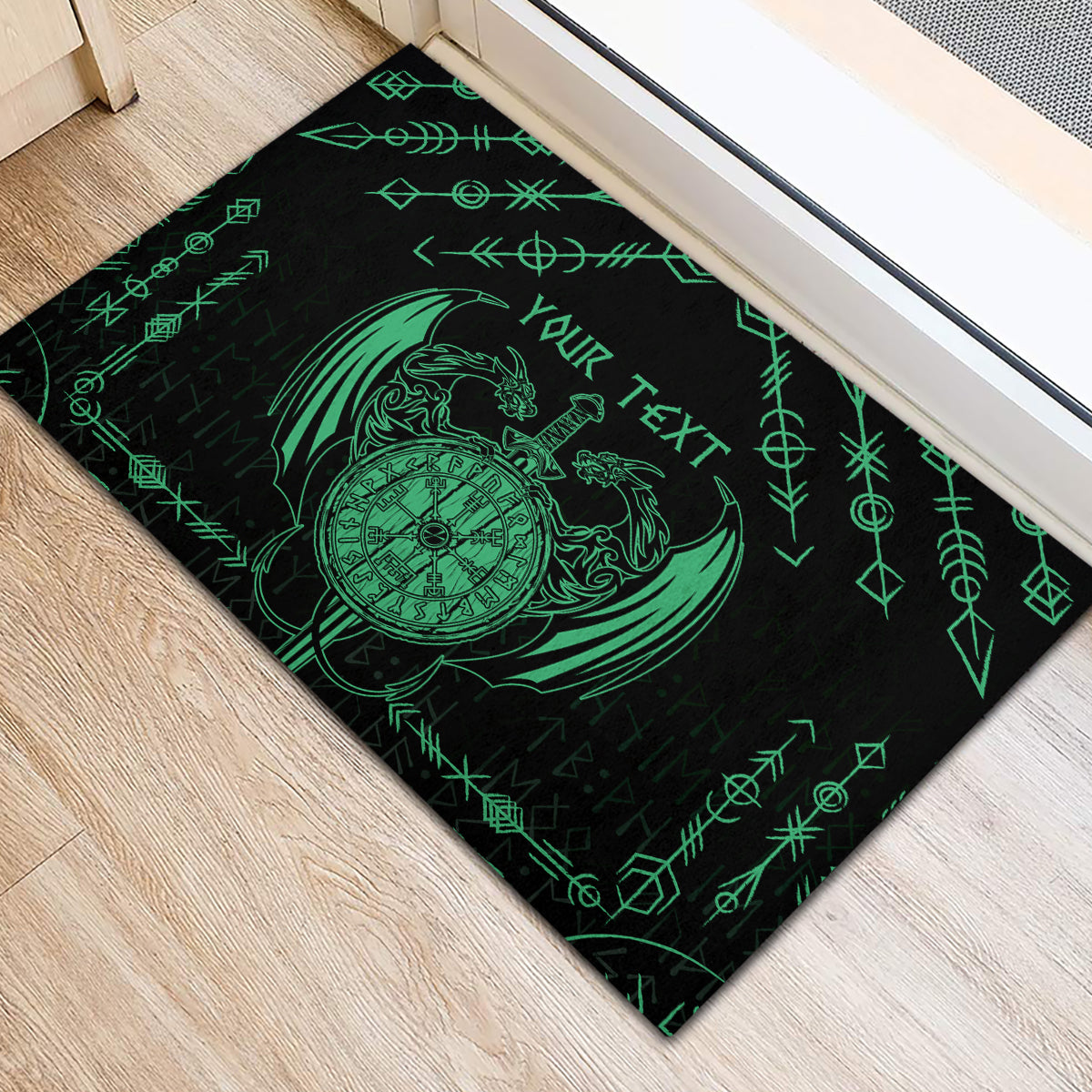 Personalized Viking Dragon Rubber Doormat with Sword Green Scandinavian Tattoo - Wonder Print Shop
