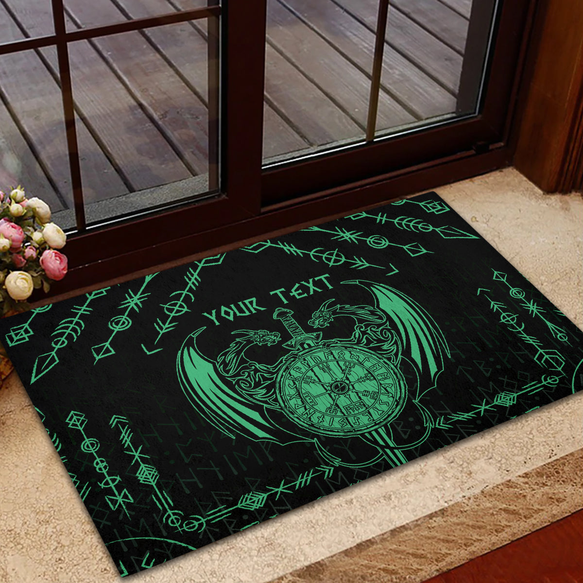 Personalized Viking Dragon Rubber Doormat with Sword Green Scandinavian Tattoo - Wonder Print Shop