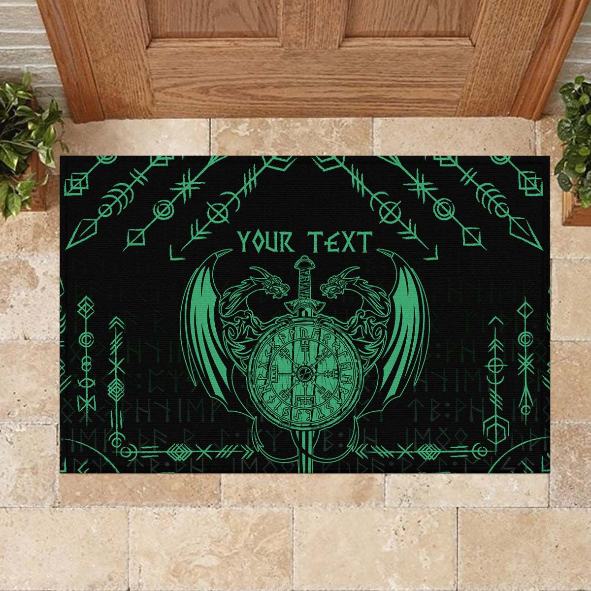 Personalized Viking Dragon Rubber Doormat with Sword Green Scandinavian Tattoo - Wonder Print Shop