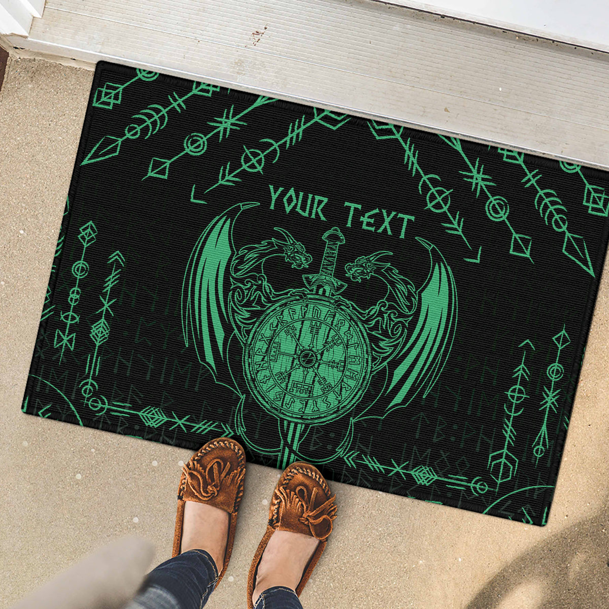 Personalized Viking Dragon Rubber Doormat with Sword Green Scandinavian Tattoo - Wonder Print Shop