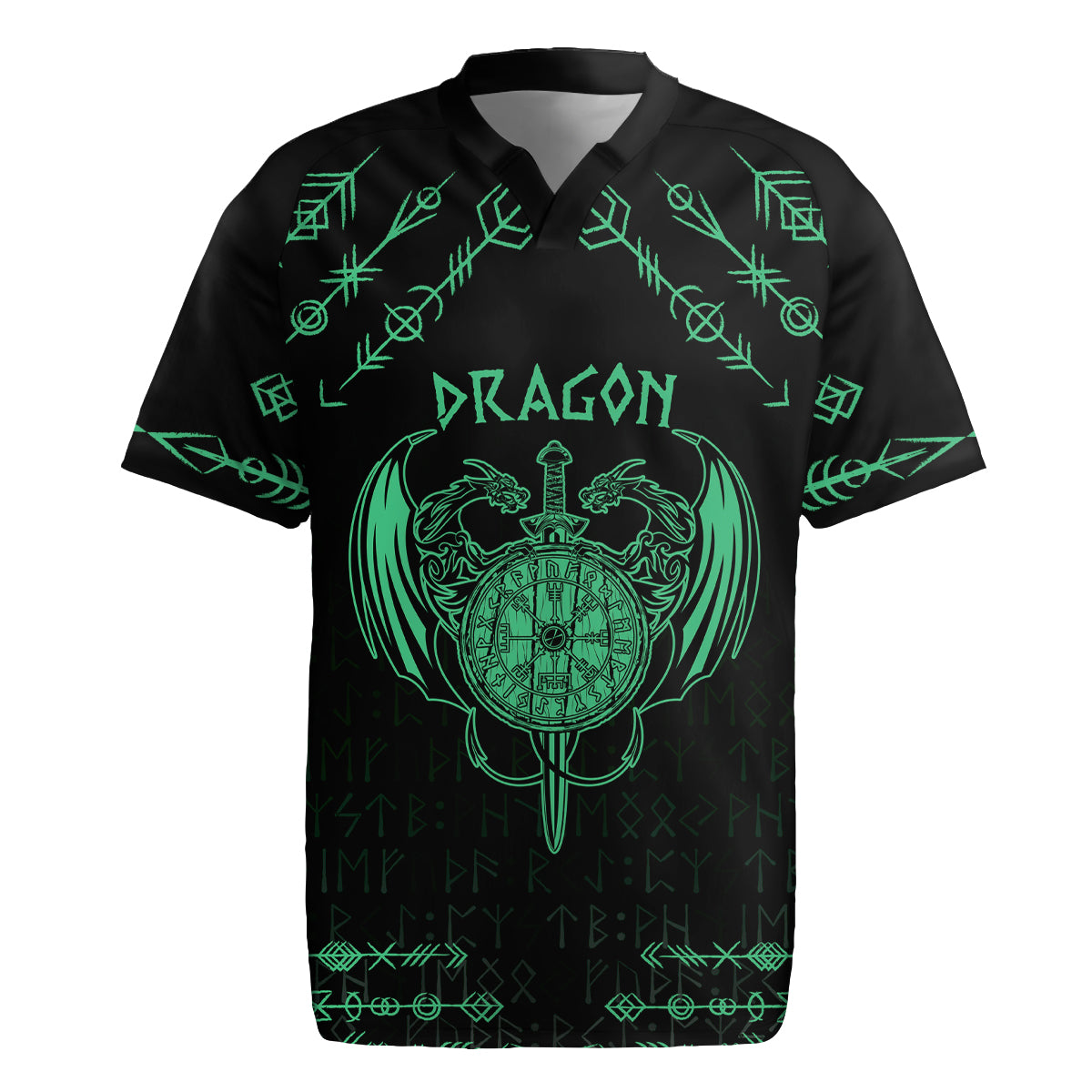 Personalized Viking Dragon Rugby Jersey with Sword Green Scandinavian Tattoo - Wonder Print Shop