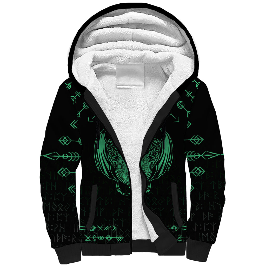 Personalized Viking Dragon Sherpa Hoodie with Sword Green Scandinavian Tattoo - Wonder Print Shop