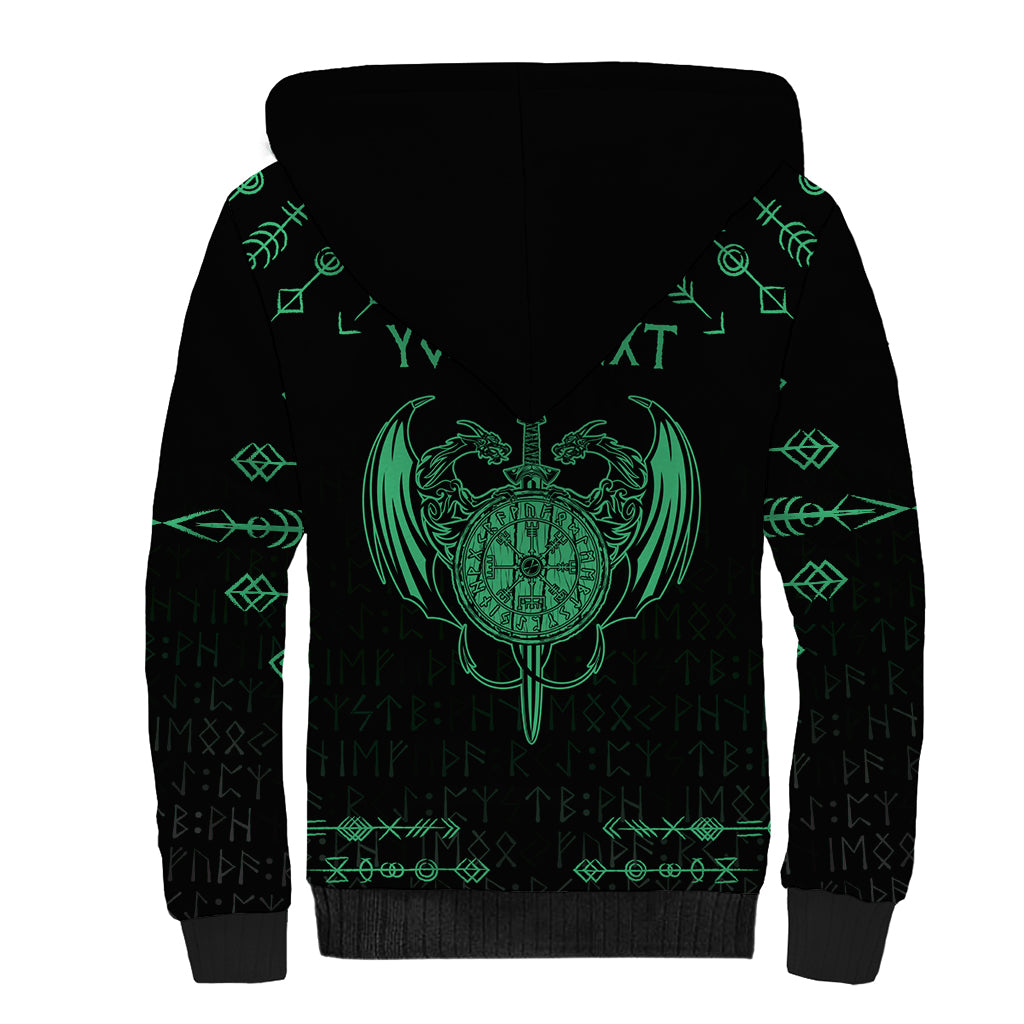 Personalized Viking Dragon Sherpa Hoodie with Sword Green Scandinavian Tattoo - Wonder Print Shop