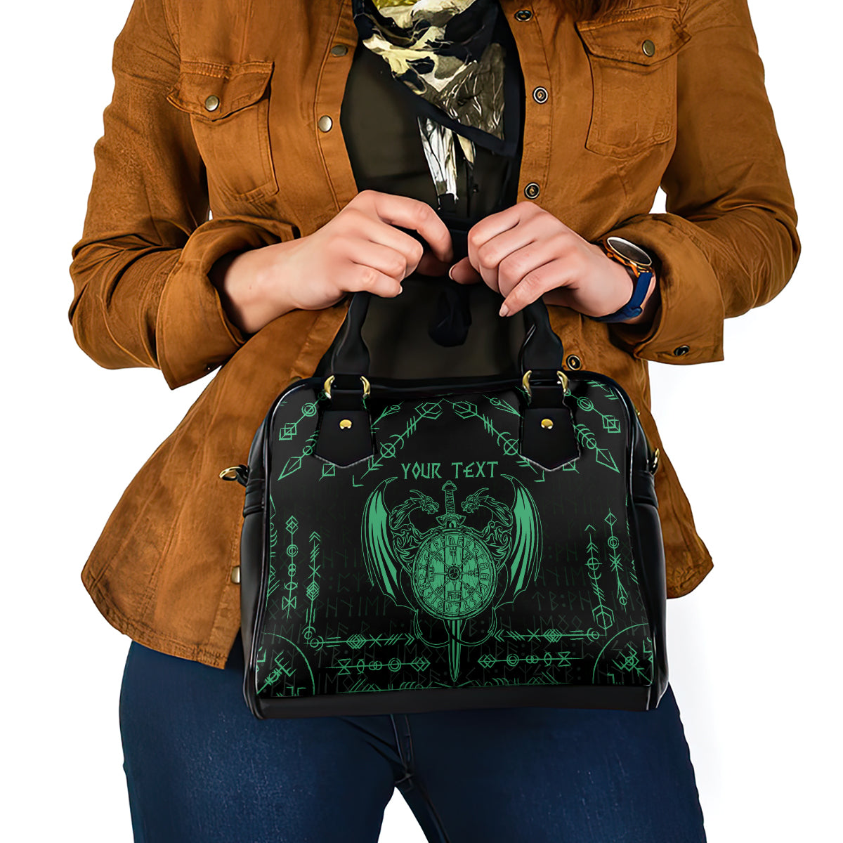Personalized Viking Dragon Shoulder Handbag with Sword Green Scandinavian Tattoo