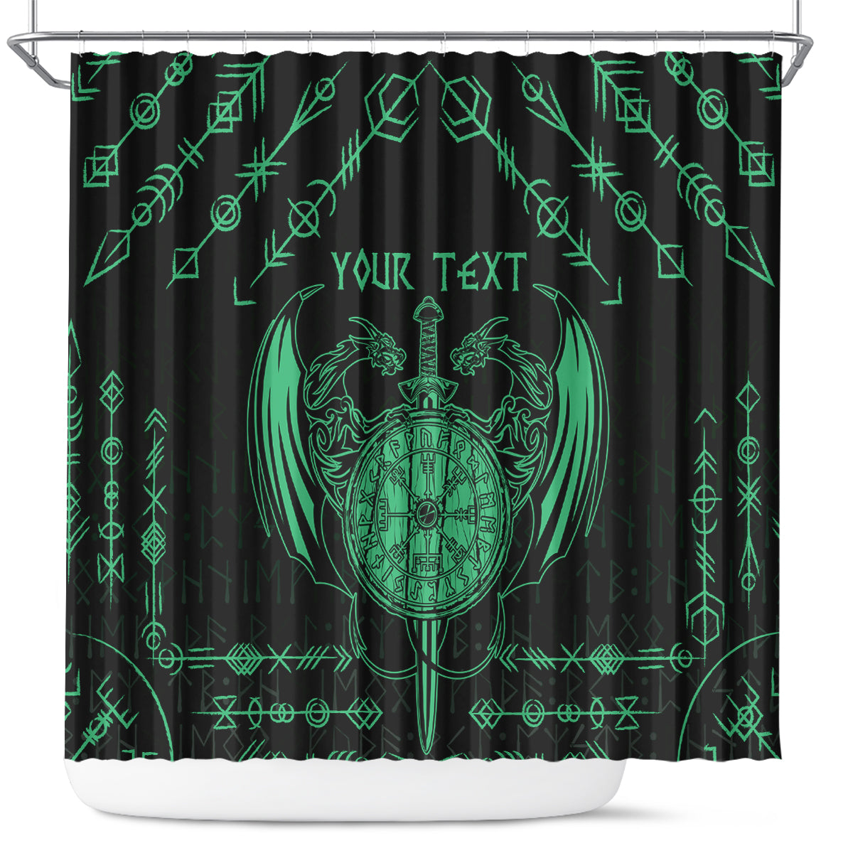 Personalized Viking Dragon Shower Curtain with Sword Green Scandinavian Tattoo