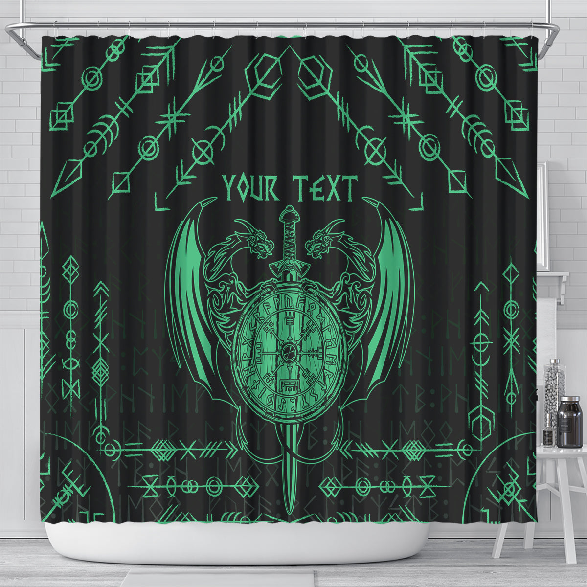 Personalized Viking Dragon Shower Curtain with Sword Green Scandinavian Tattoo