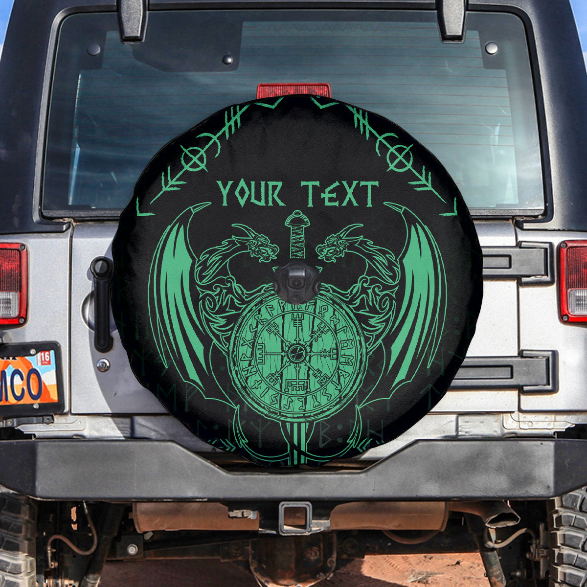 Personalized Viking Dragon Spare Tire Cover with Sword Green Scandinavian Tattoo