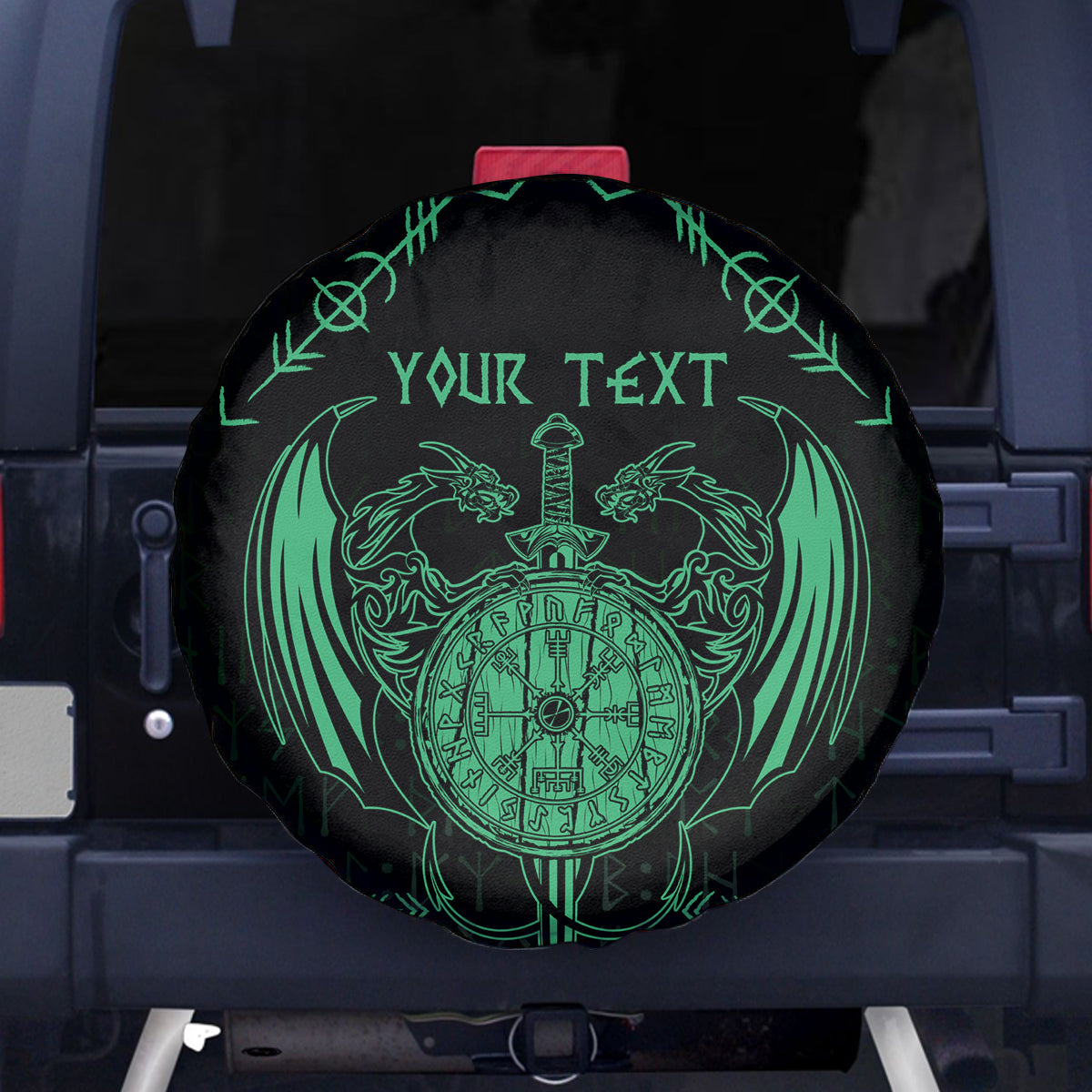 Personalized Viking Dragon Spare Tire Cover with Sword Green Scandinavian Tattoo - Wonder Print Shop