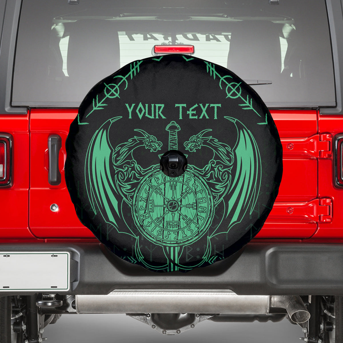 Personalized Viking Dragon Spare Tire Cover with Sword Green Scandinavian Tattoo - Wonder Print Shop