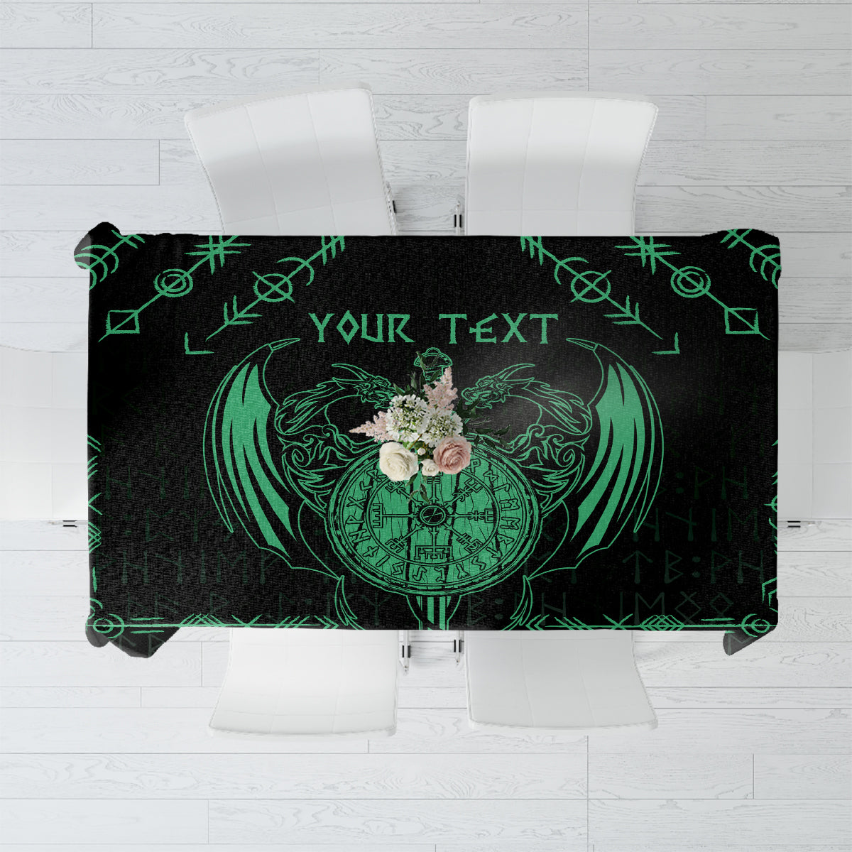 Personalized Viking Dragon Tablecloth with Sword Green Scandinavian Tattoo