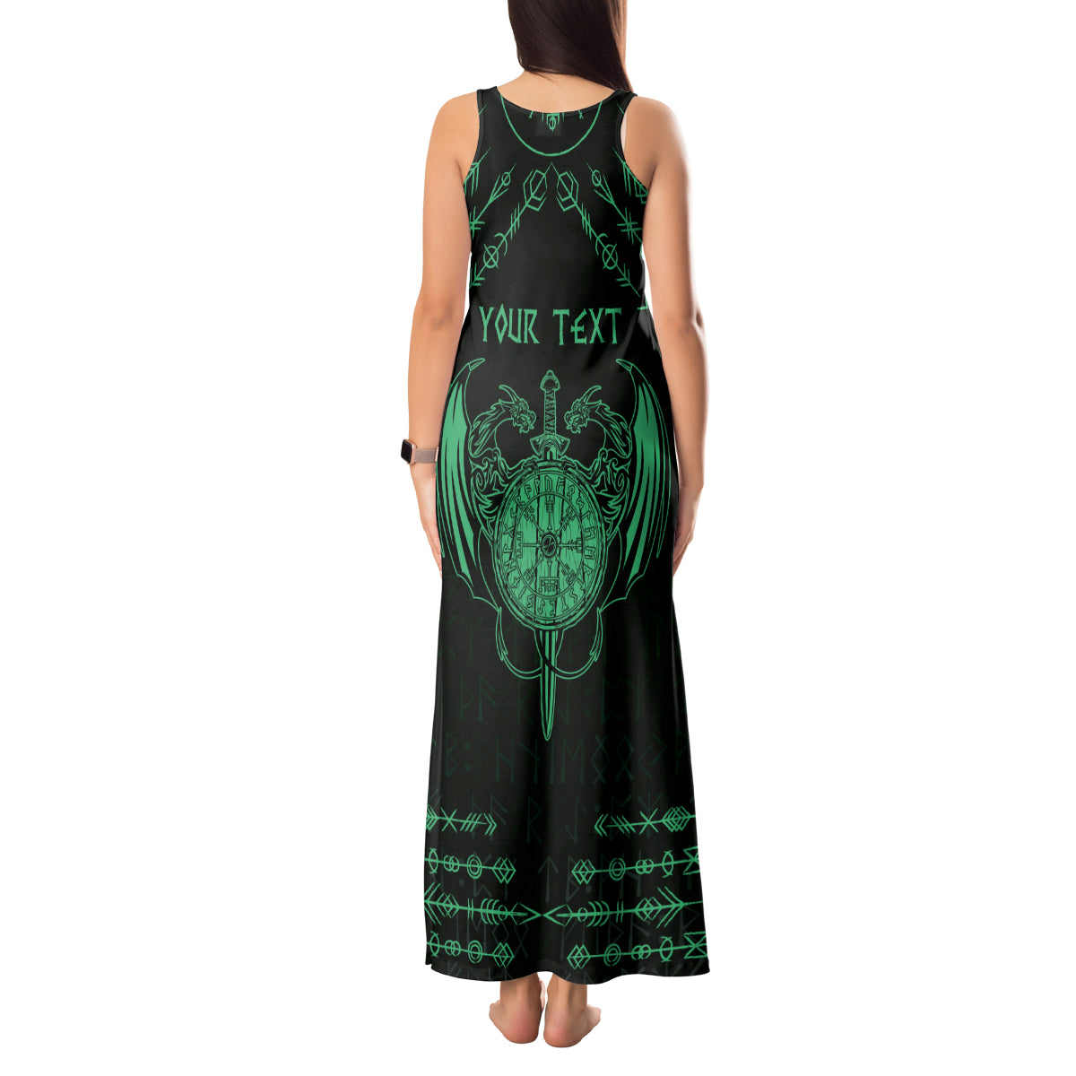 Personalized Viking Dragon Tank Maxi Dress with Sword Green Scandinavian Tattoo - Wonder Print Shop