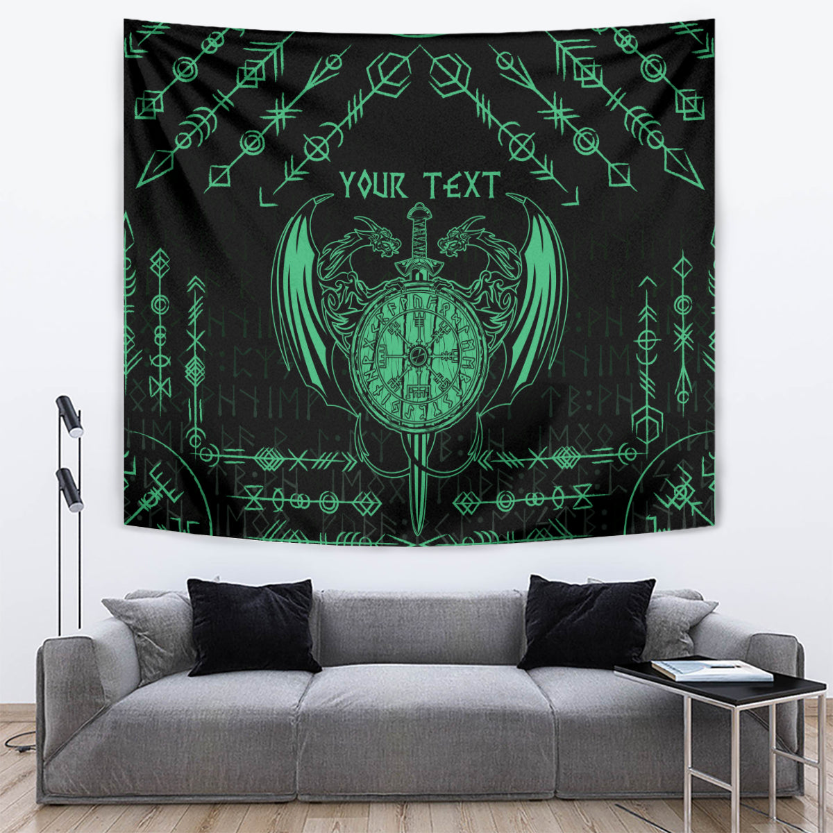 Personalized Viking Dragon Tapestry with Sword Green Scandinavian Tattoo - Wonder Print Shop