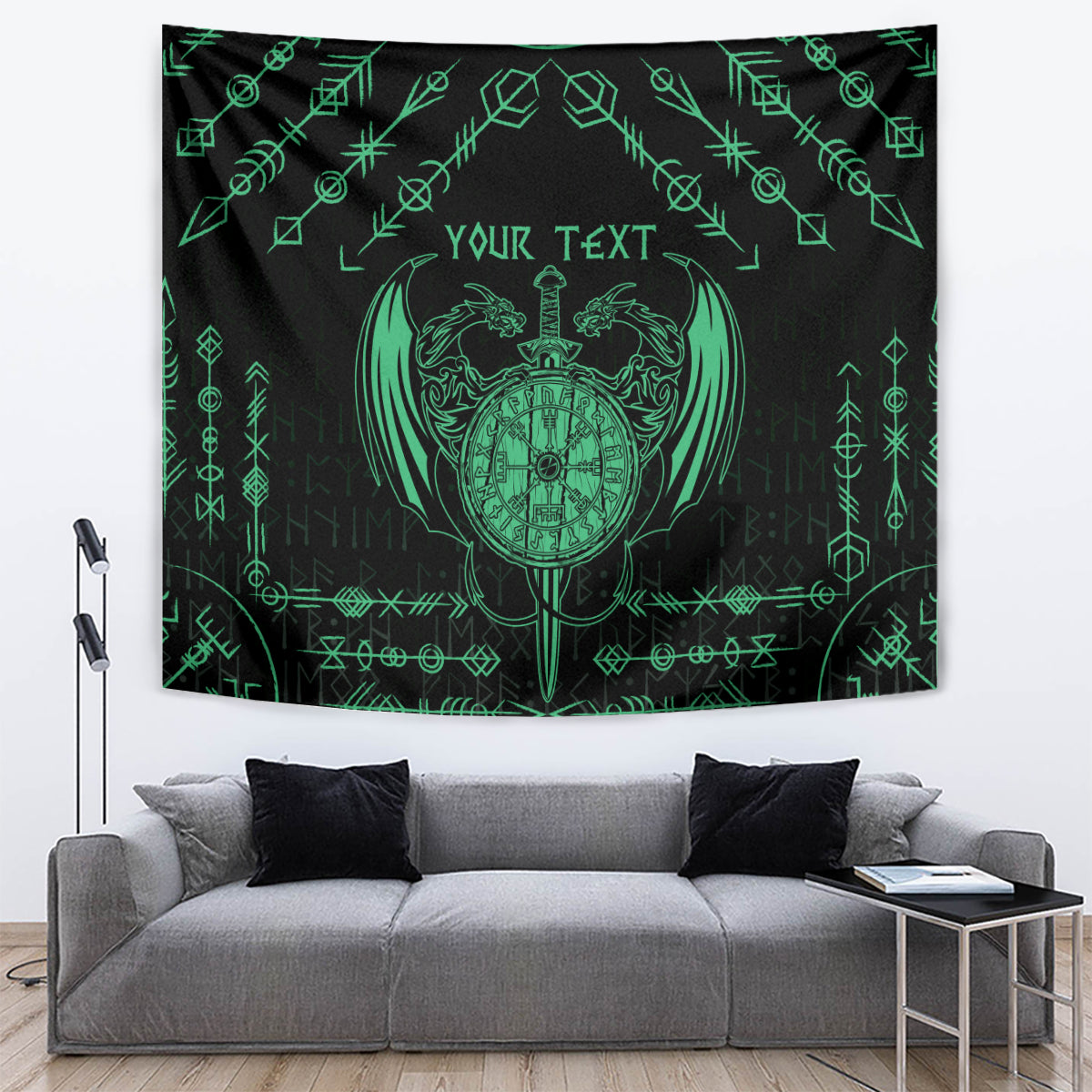 Personalized Viking Dragon Tapestry with Sword Green Scandinavian Tattoo