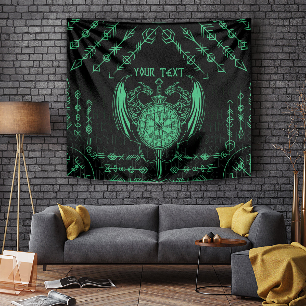 Personalized Viking Dragon Tapestry with Sword Green Scandinavian Tattoo - Wonder Print Shop