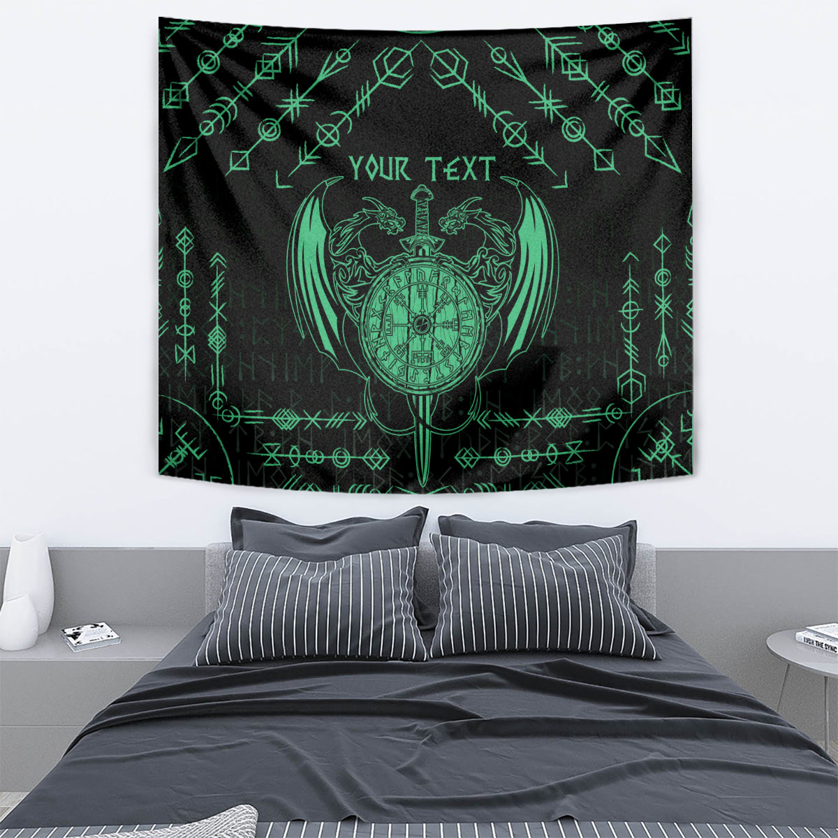 Personalized Viking Dragon Tapestry with Sword Green Scandinavian Tattoo - Wonder Print Shop