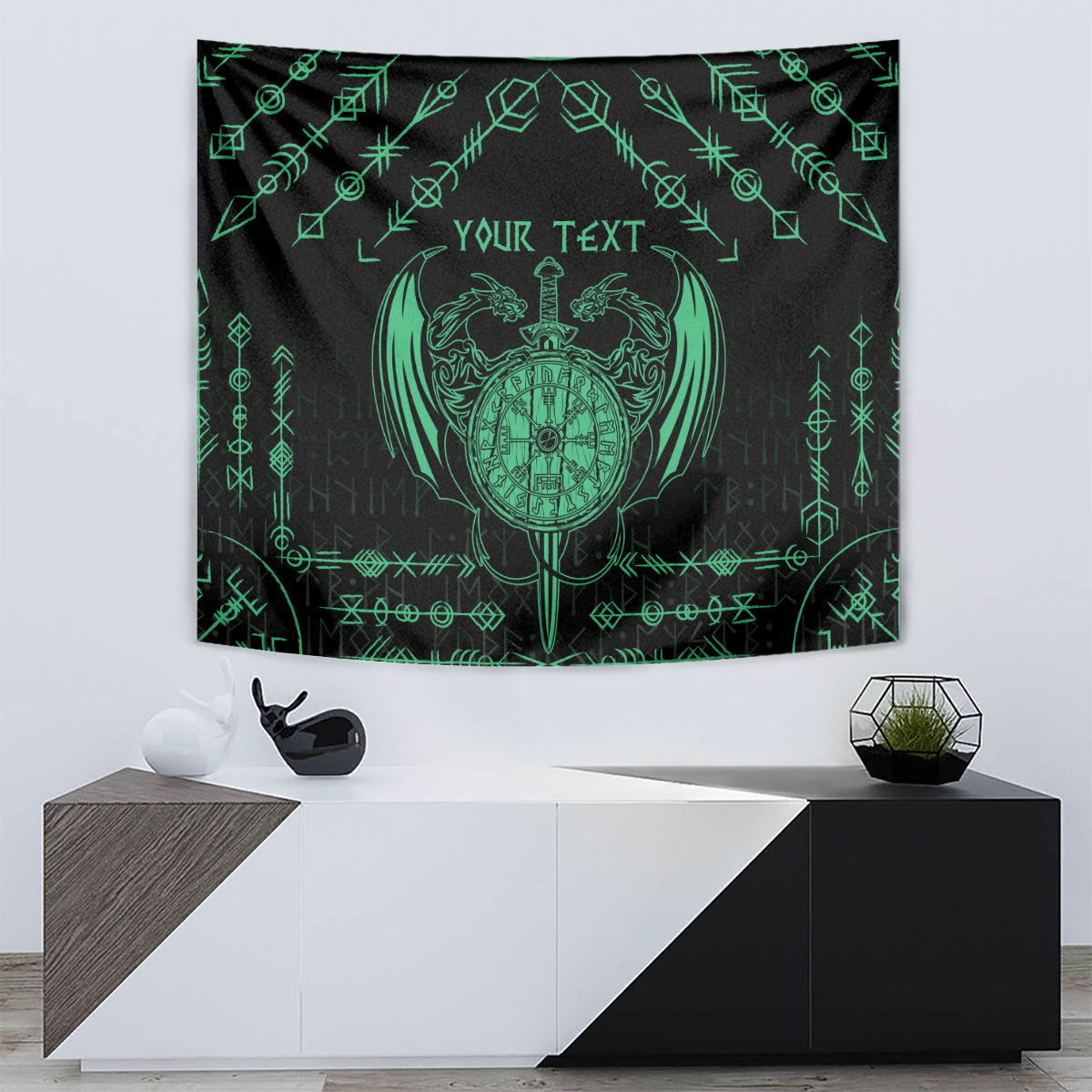 Personalized Viking Dragon Tapestry with Sword Green Scandinavian Tattoo - Wonder Print Shop