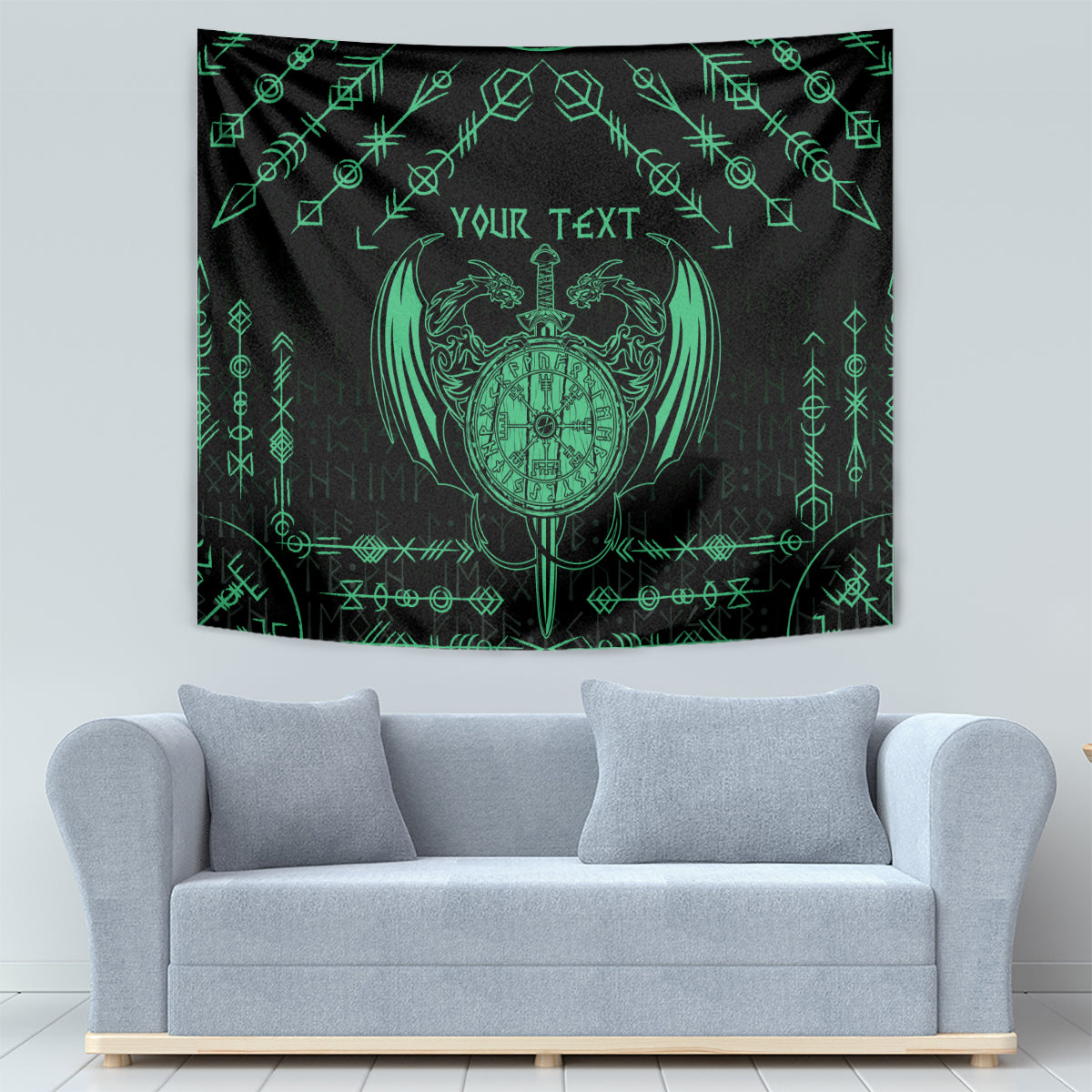 Personalized Viking Dragon Tapestry with Sword Green Scandinavian Tattoo - Wonder Print Shop