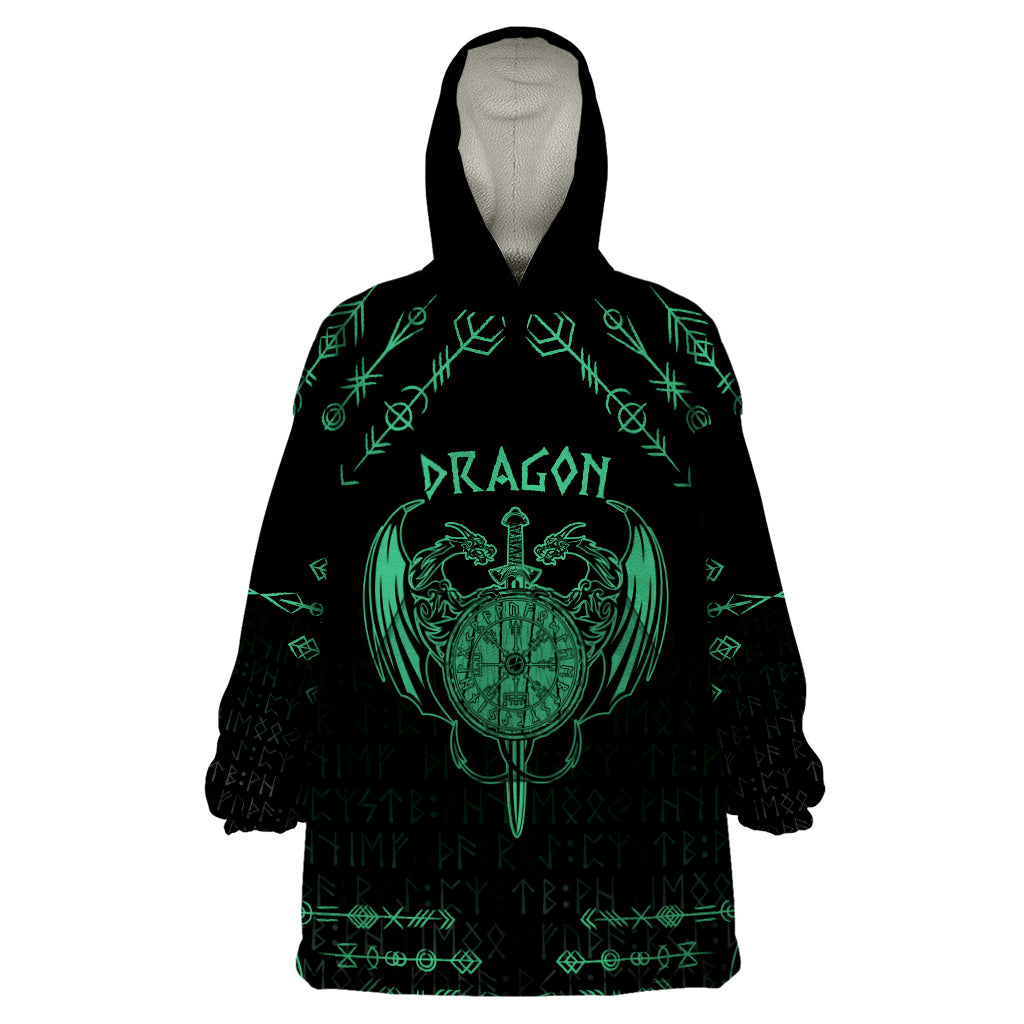 Personalized Viking Dragon Wearable Blanket Hoodie with Sword Green Scandinavian Tattoo