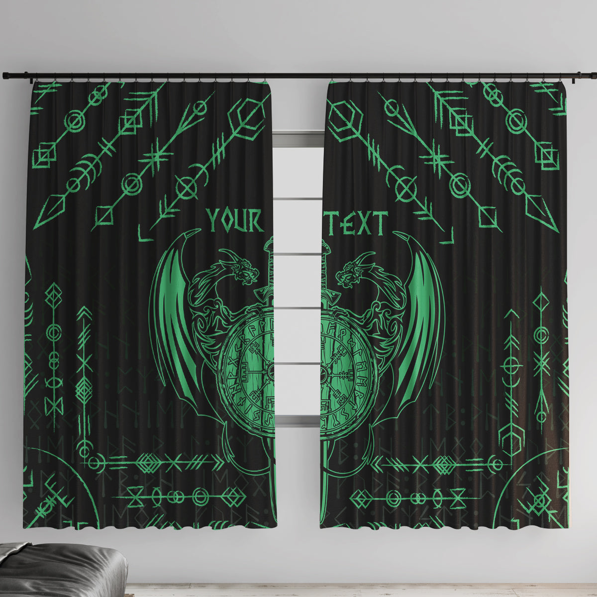 Personalized Viking Dragon Window Curtain with Sword Green Scandinavian Tattoo