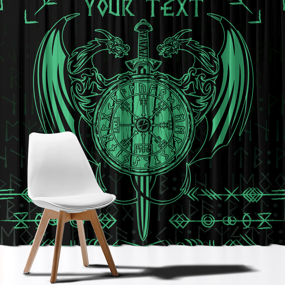 Personalized Viking Dragon Window Curtain with Sword Green Scandinavian Tattoo - Wonder Print Shop