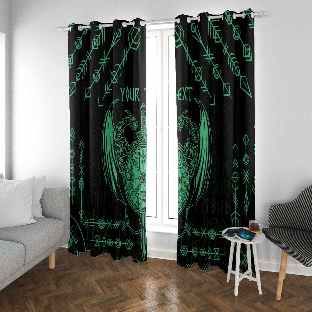 Personalized Viking Dragon Window Curtain with Sword Green Scandinavian Tattoo - Wonder Print Shop