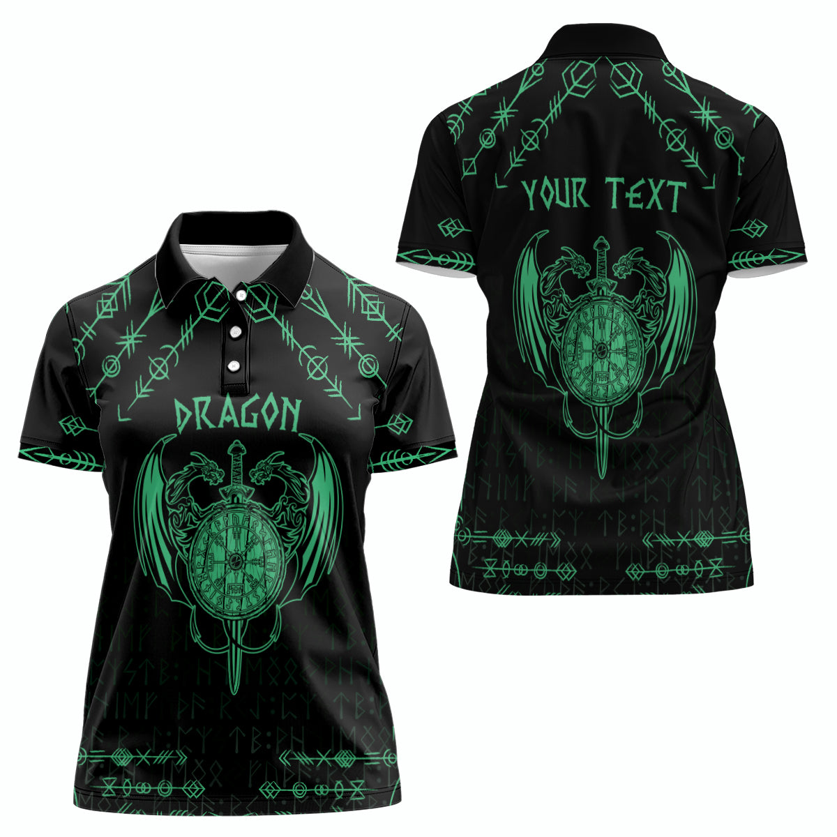 Personalized Viking Dragon Women Polo Shirt with Sword Green Scandinavian Tattoo - Wonder Print Shop