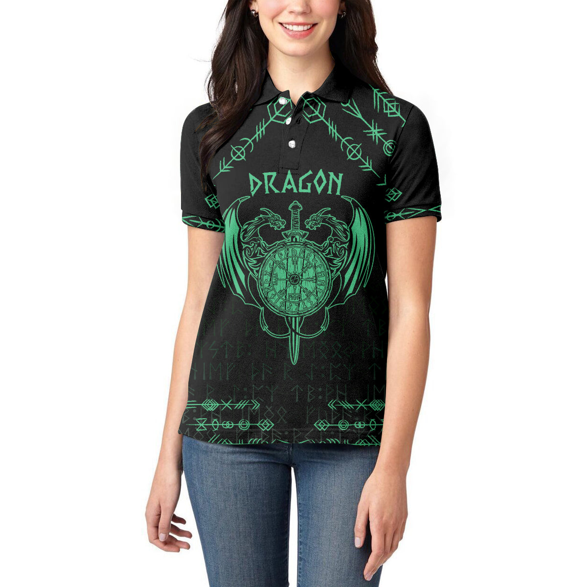 Personalized Viking Dragon Women Polo Shirt with Sword Green Scandinavian Tattoo - Wonder Print Shop