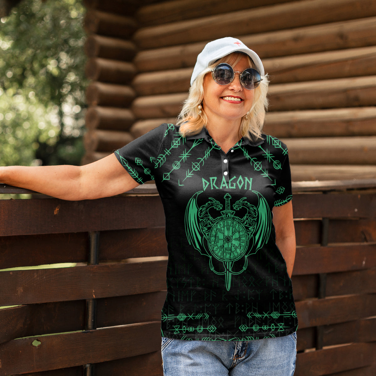 Personalized Viking Dragon Women Polo Shirt with Sword Green Scandinavian Tattoo - Wonder Print Shop