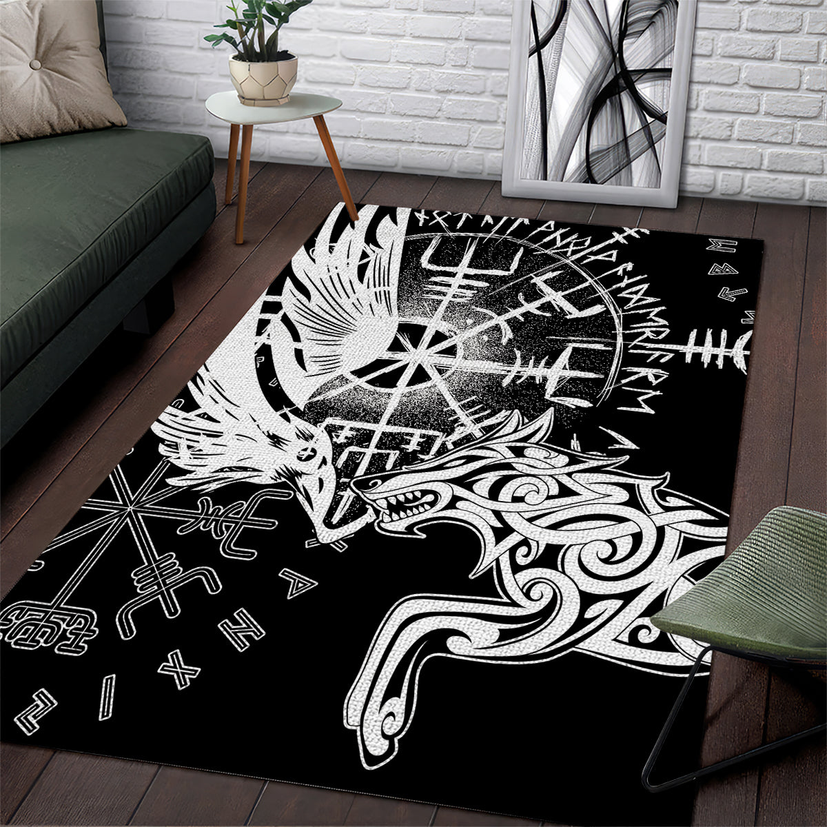 Vikings Raven and Wolf Area Rug with Aegishjalmur Unique LT9 - Wonder Print Shop