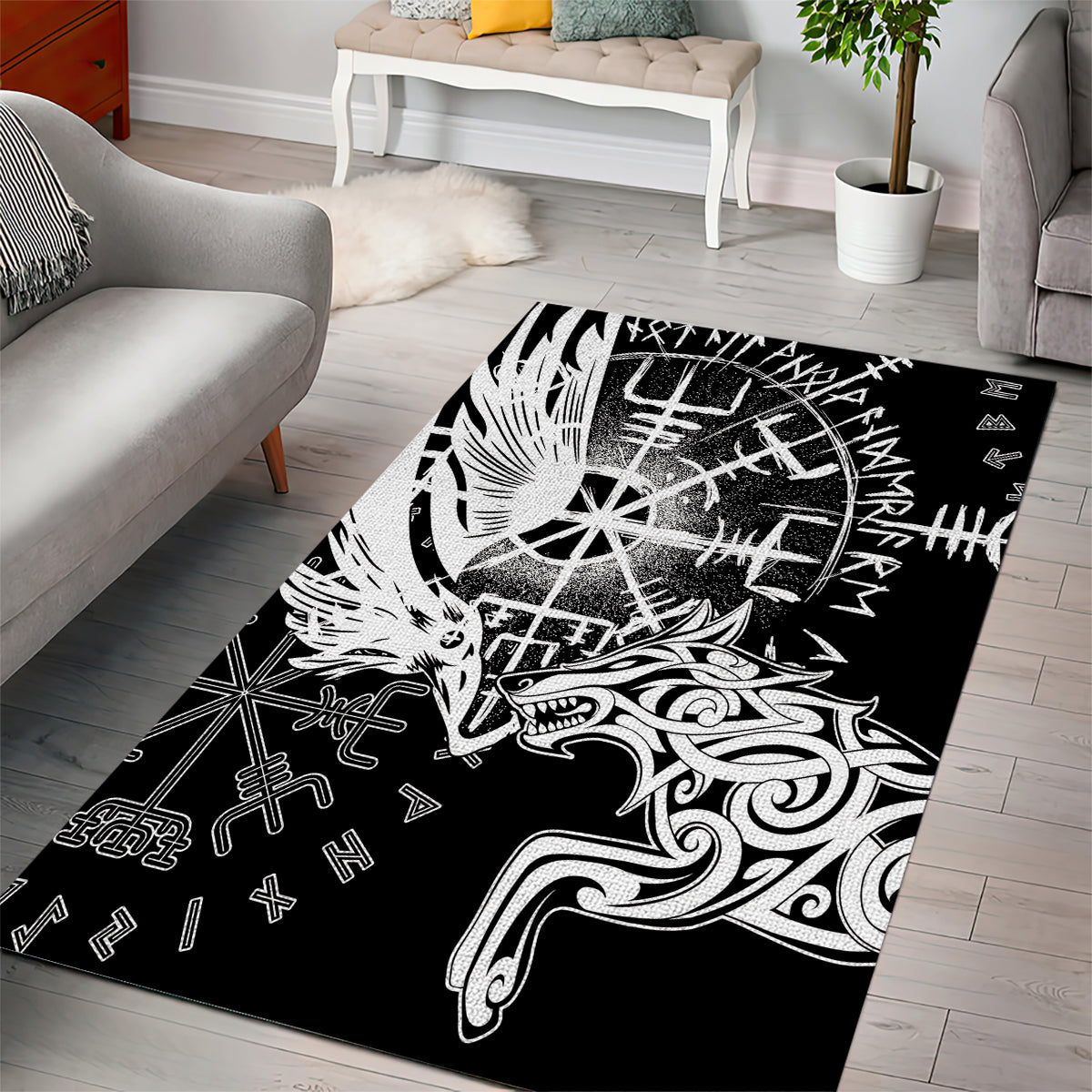 Vikings Raven and Wolf Area Rug with Aegishjalmur Unique LT9 - Wonder Print Shop