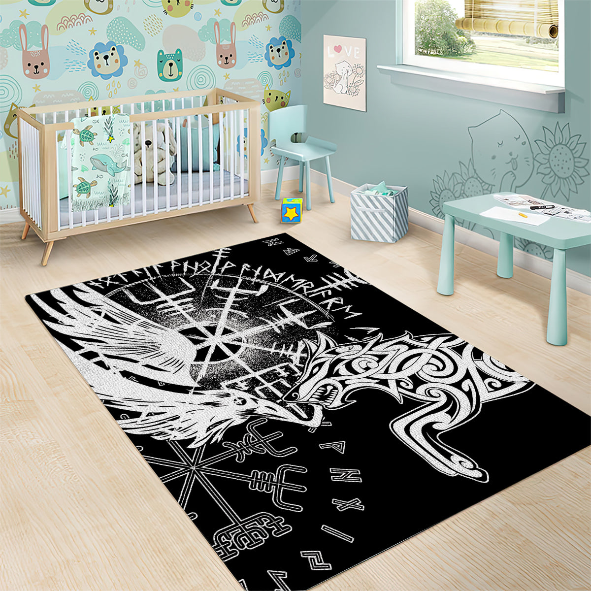 Vikings Raven and Wolf Area Rug with Aegishjalmur Unique LT9 - Wonder Print Shop