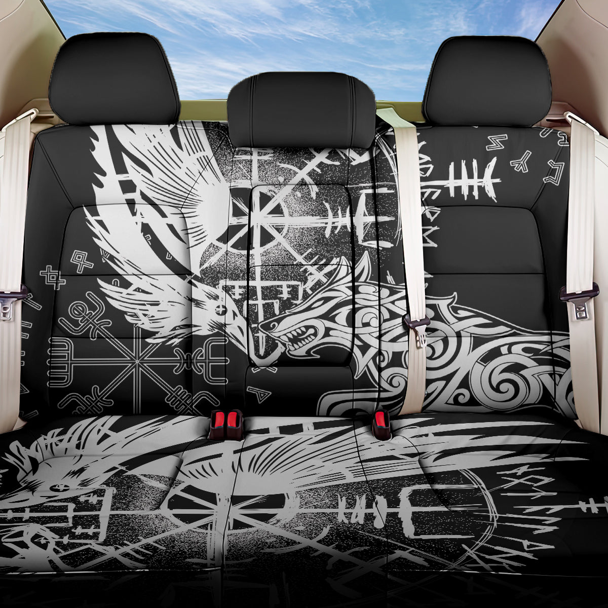 Vikings Raven and Wolf Back Car Seat Cover with Aegishjalmur Unique