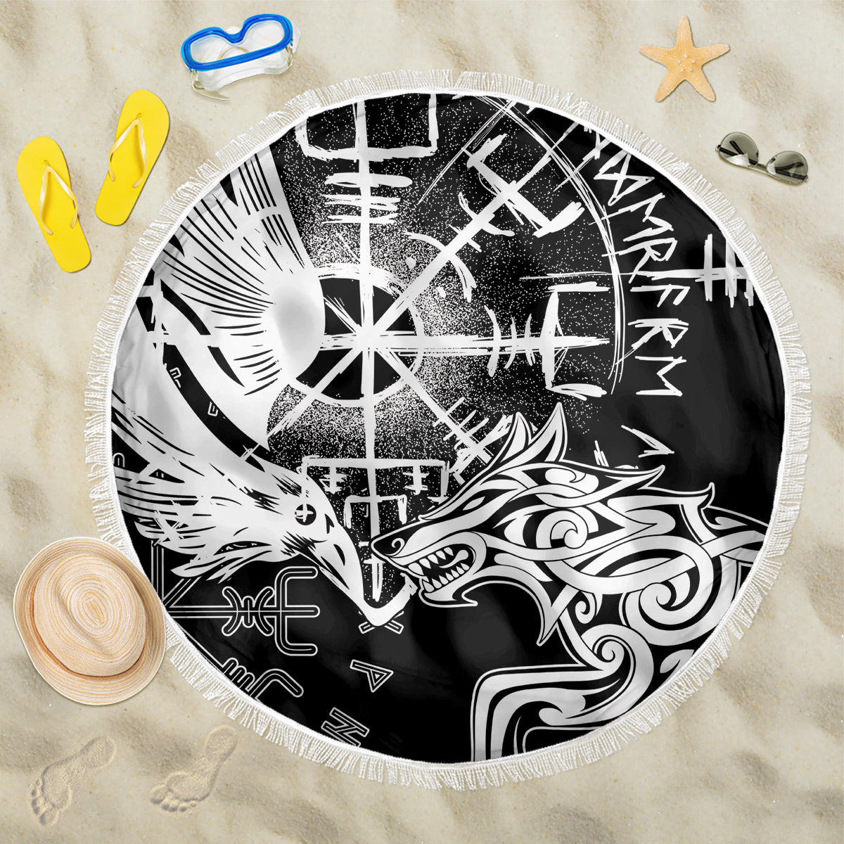 Vikings Raven and Wolf Beach Blanket with Aegishjalmur Unique LT9 - Wonder Print Shop