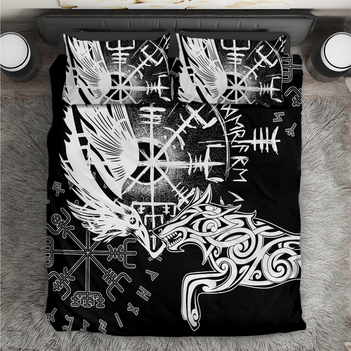 Vikings Raven and Wolf Bedding Set with Aegishjalmur Unique