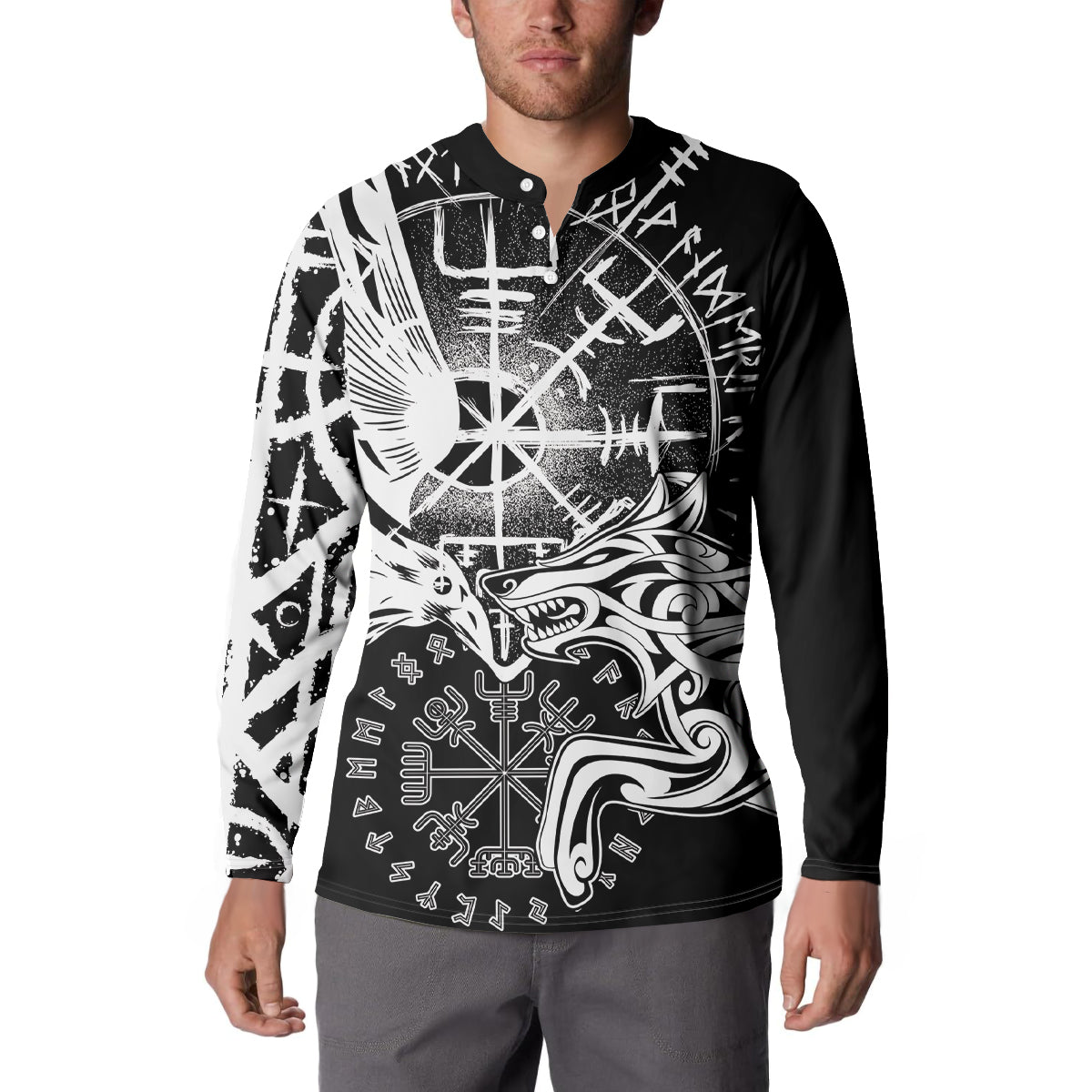 Vikings Raven and Wolf Button Sweatshirt with Aegishjalmur Unique LT9 - Wonder Print Shop