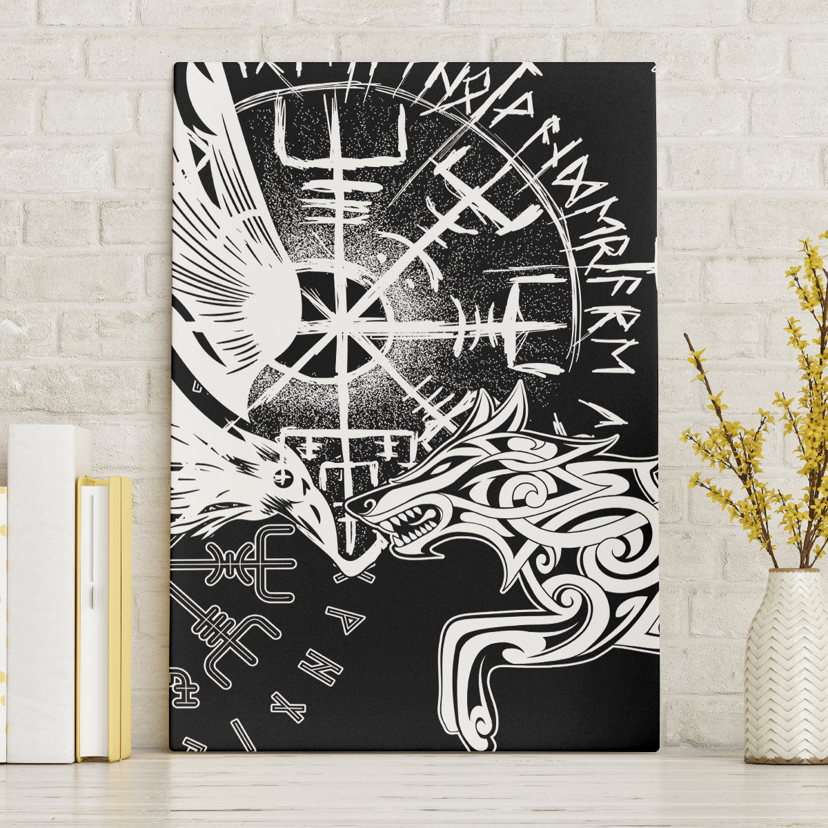 Vikings Raven and Wolf Canvas Wall Art with Aegishjalmur Unique