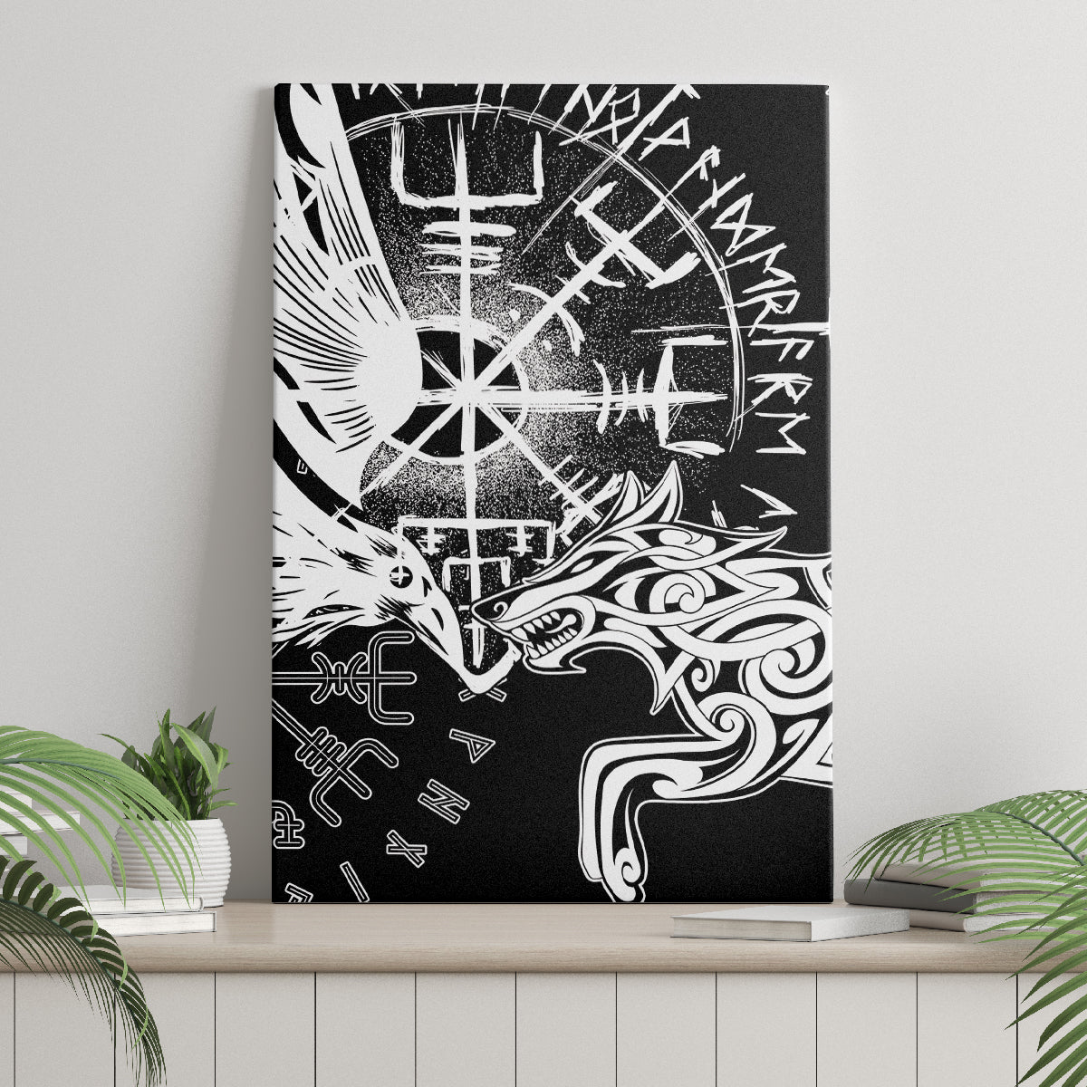 Vikings Raven and Wolf Canvas Wall Art with Aegishjalmur Unique LT9 - Wonder Print Shop