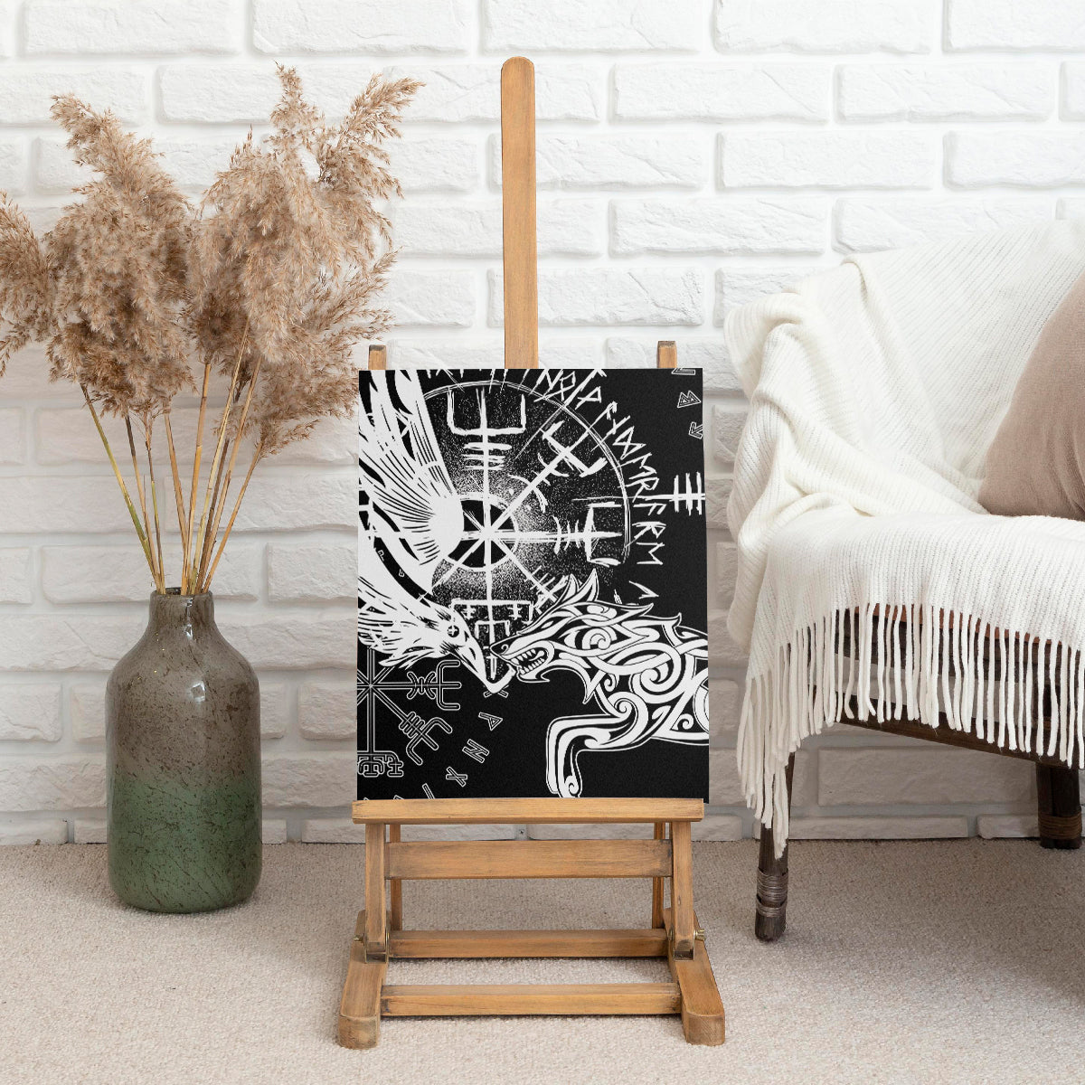 Vikings Raven and Wolf Canvas Wall Art with Aegishjalmur Unique LT9 - Wonder Print Shop