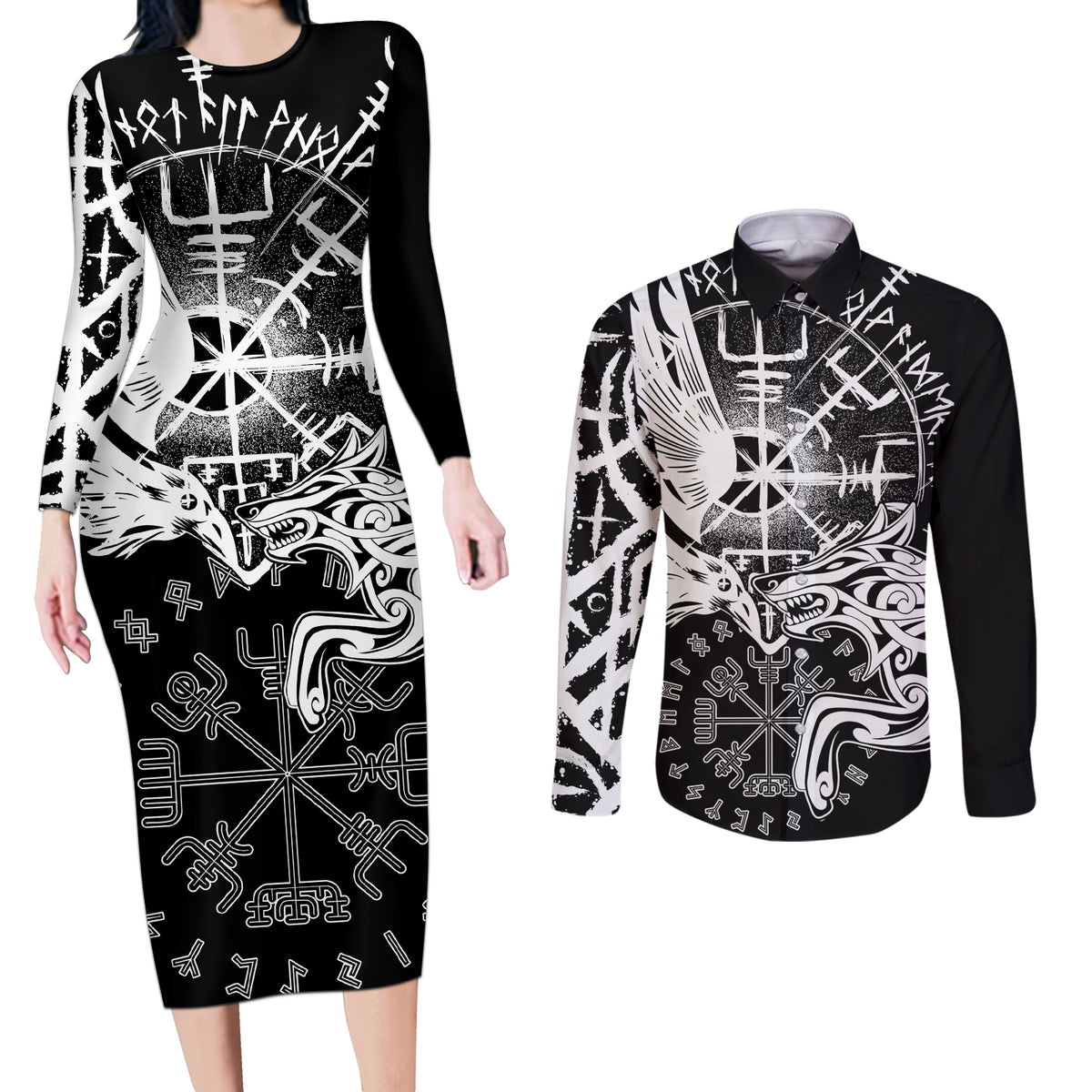 Vikings Raven and Wolf Couples Matching Long Sleeve Bodycon Dress and Long Sleeve Button Shirt with Aegishjalmur Unique LT9 - Wonder Print Shop