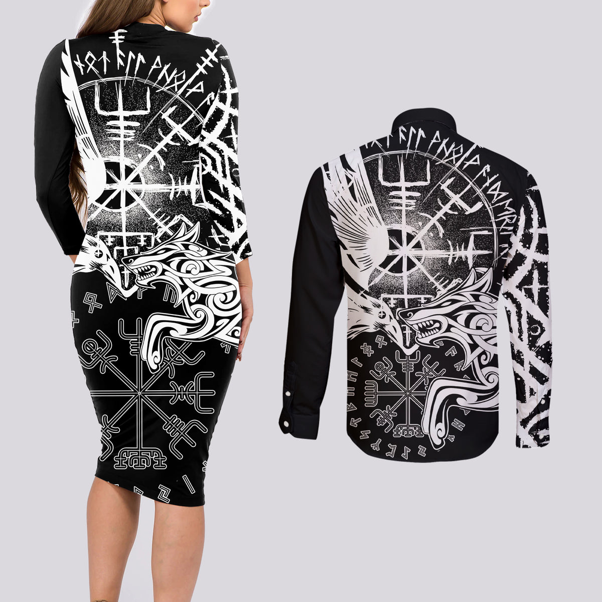 Vikings Raven and Wolf Couples Matching Long Sleeve Bodycon Dress and Long Sleeve Button Shirt with Aegishjalmur Unique LT9 - Wonder Print Shop